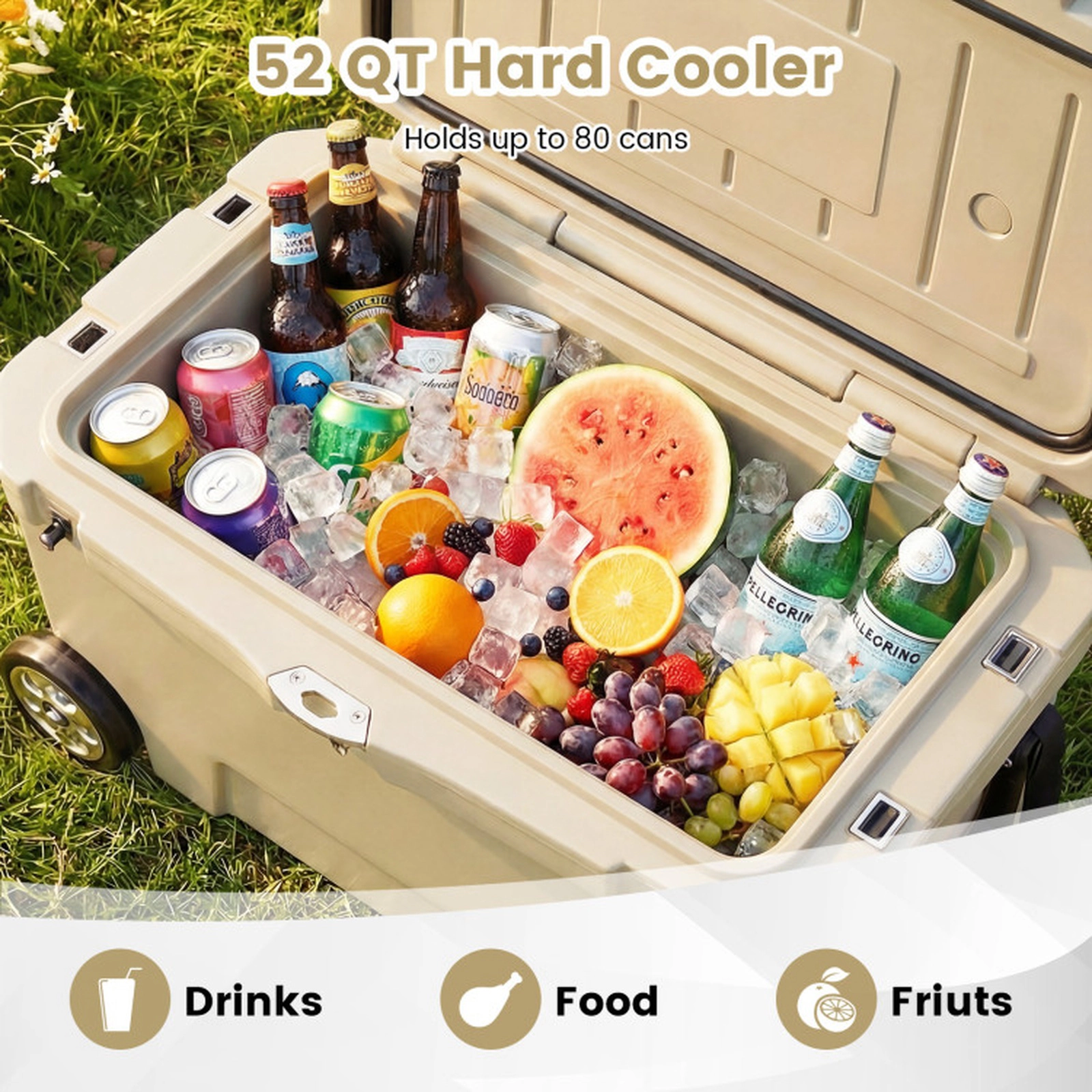SUGIFT 52-qt Khaki Portable Hard Cooler Ice Chest with Wheels 6-Day Ice Retention and Built-In Ruler