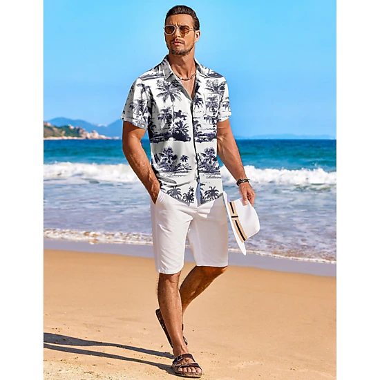 COOFANDY Mens Hawaiian Shirts Short Sleeve Tropical Print Button Down Casual Tops