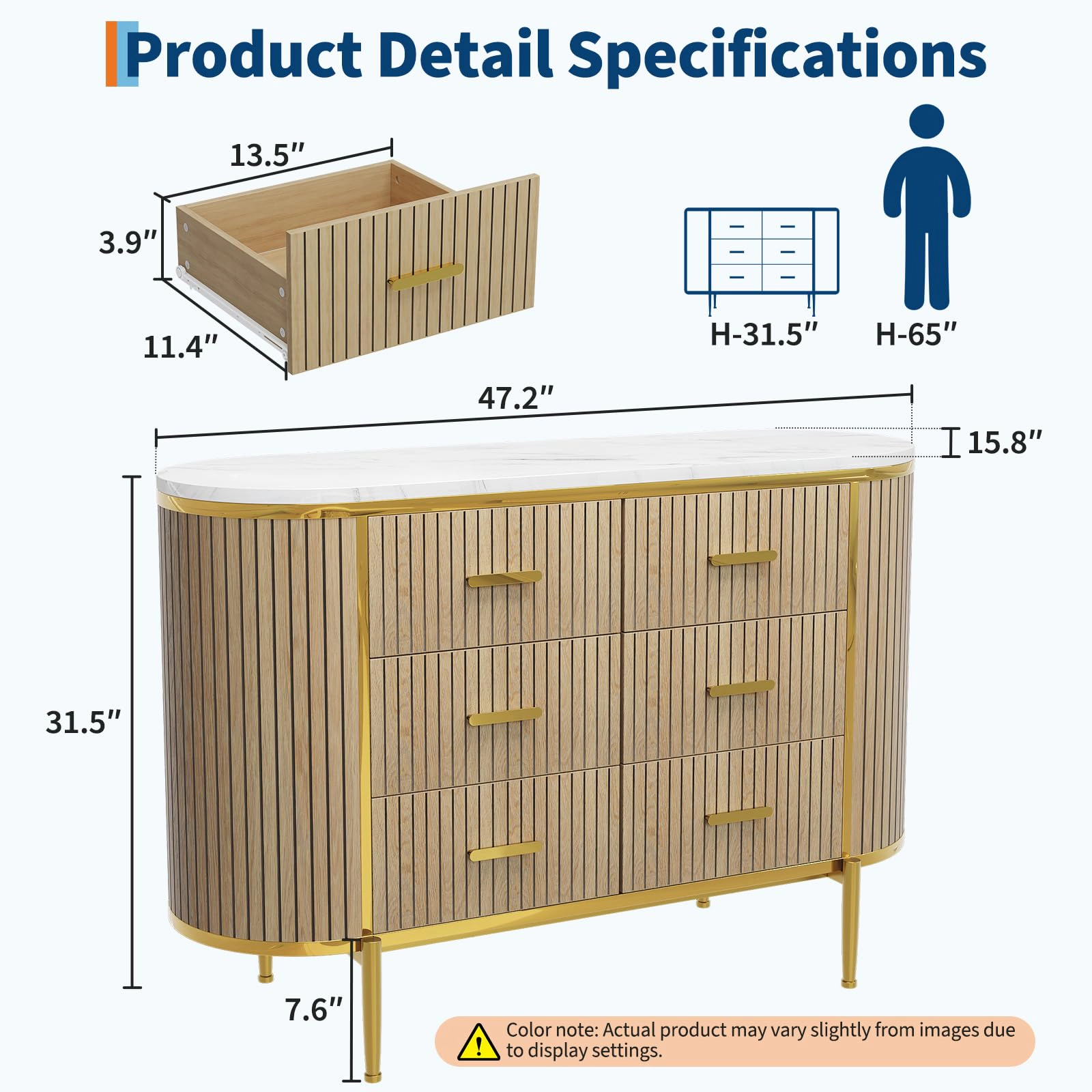 47.2" Fluted 6 Drawer Dresser, Mid Century Modern Wood Chest with Curved Design & Gold Handles