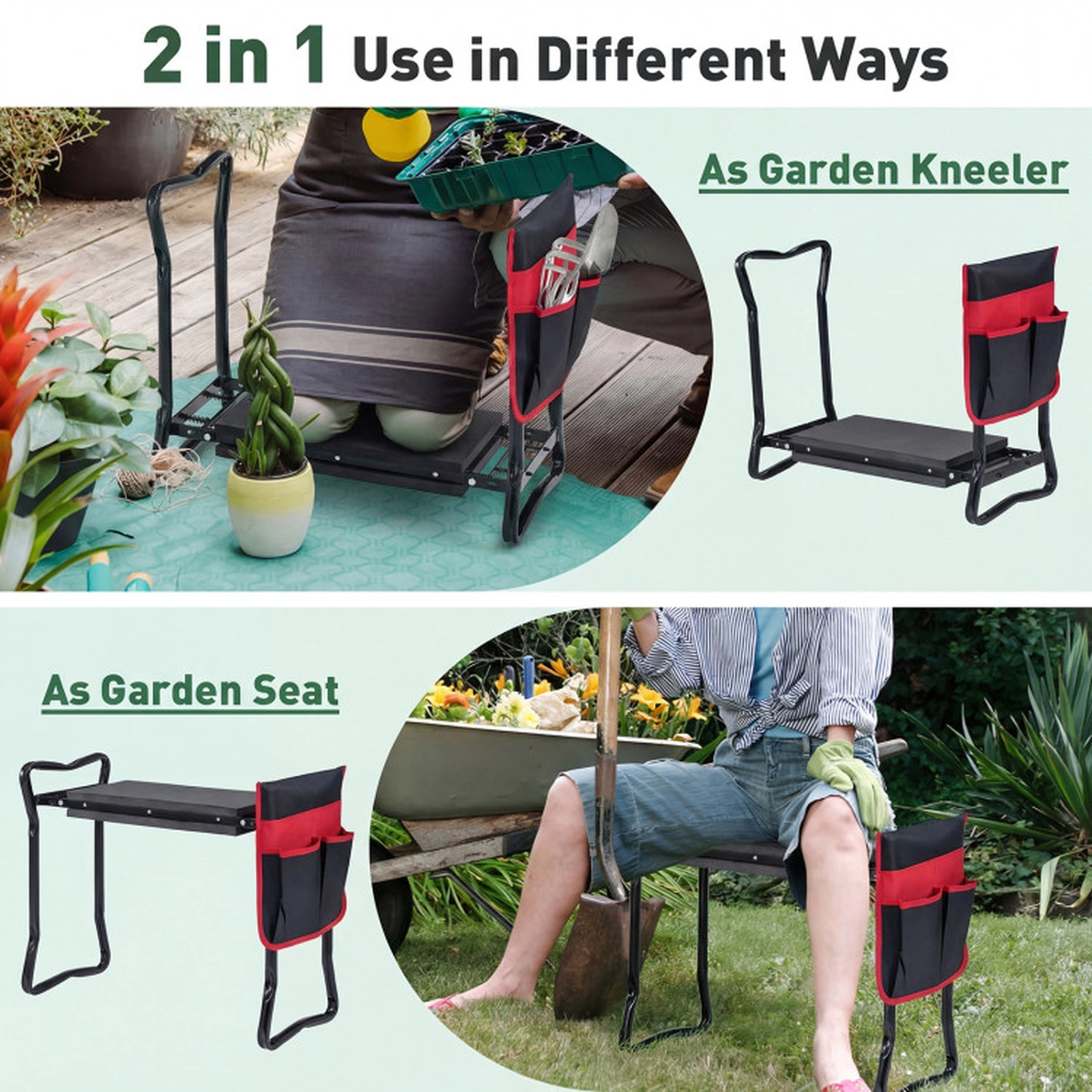 SUGIFT Folding Steel Garden Kneeler and Seat Stool 300-lb Capacity 16 x 8-in Pad 24 x 11 x 19.5-in 5.7-lb Black