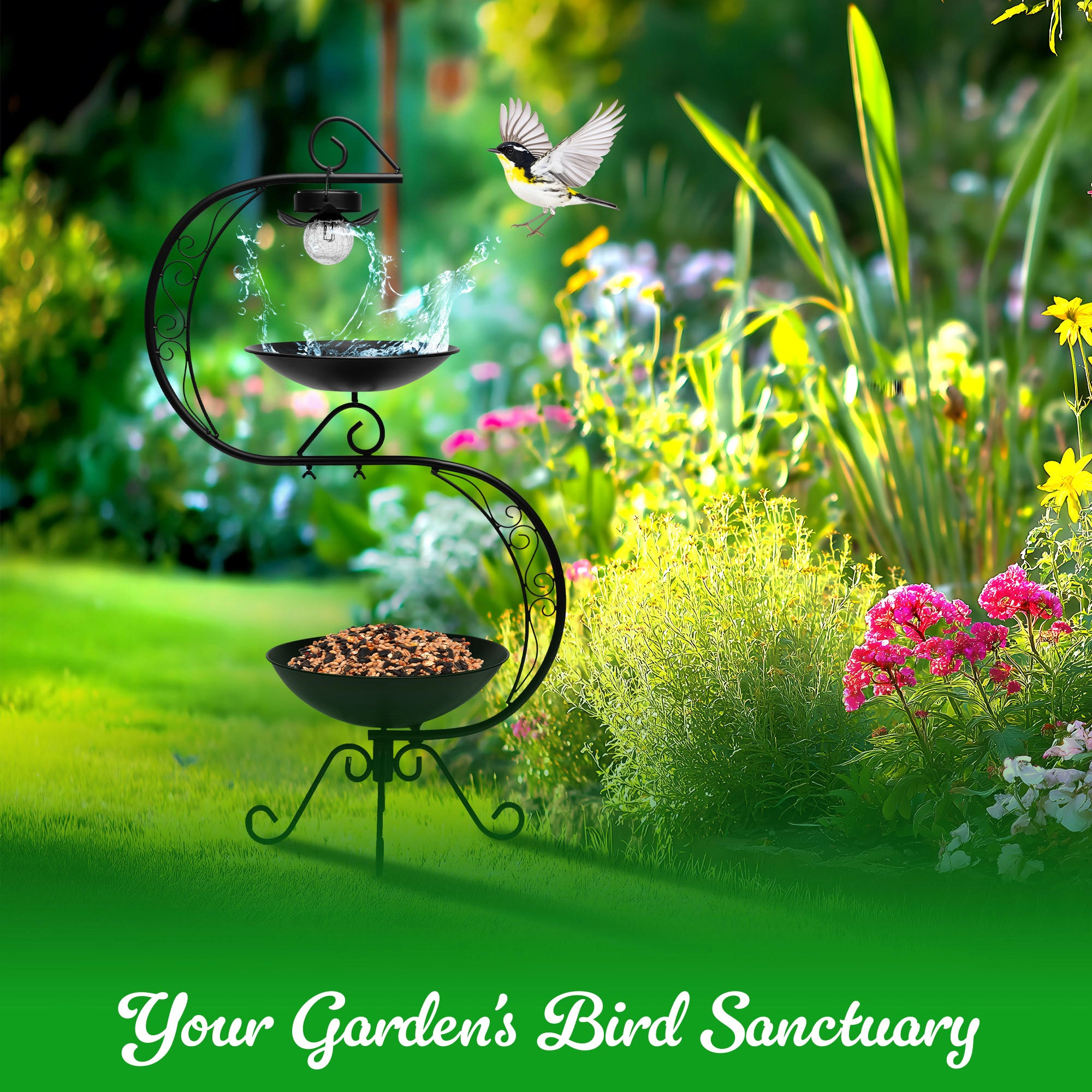 G128 36" 2-Tier Metal Bird Bath with Flower Planter and Solar Warm LED