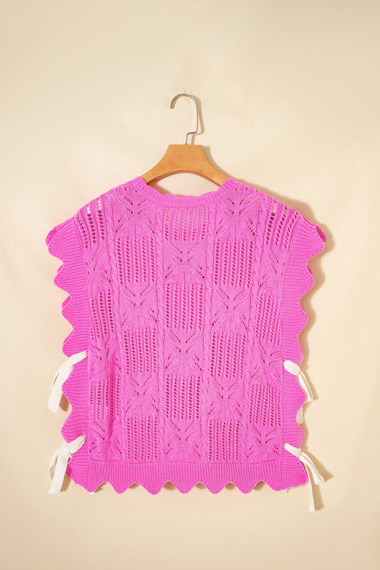 Threaded Pear Ainara Pointelle Scalloped Short-Sleeve Sweater - Bonbon