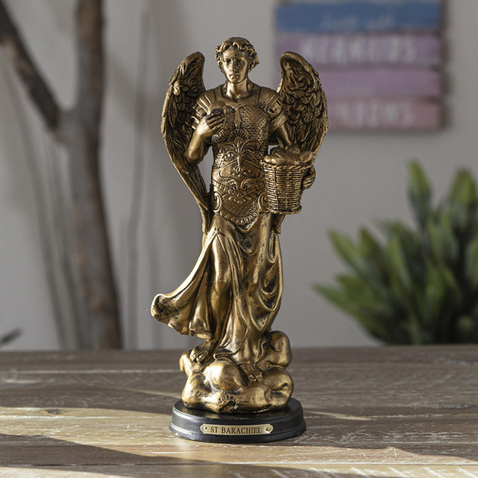 Pacific Giftware St. Barachiel Archangel Blessings from God Figurine 8 Inch Tall Wooden Base with Brass Name Plate