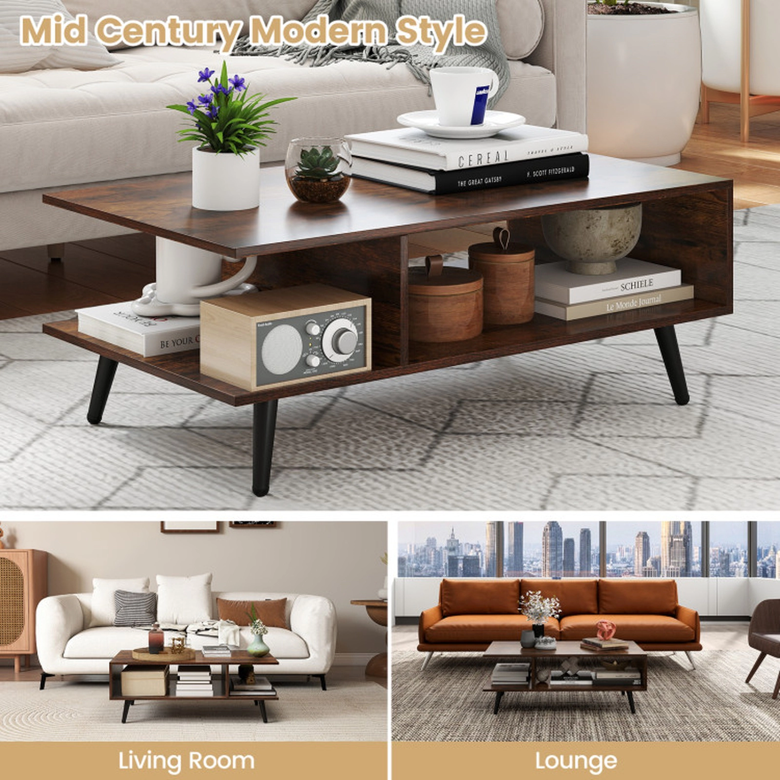SUGIFT 2-Tier Open Compartments Tapered Metal Legs Coffee Table 31.5-in x 18-in x 12-in 110-lb Capacity Rustic Brown