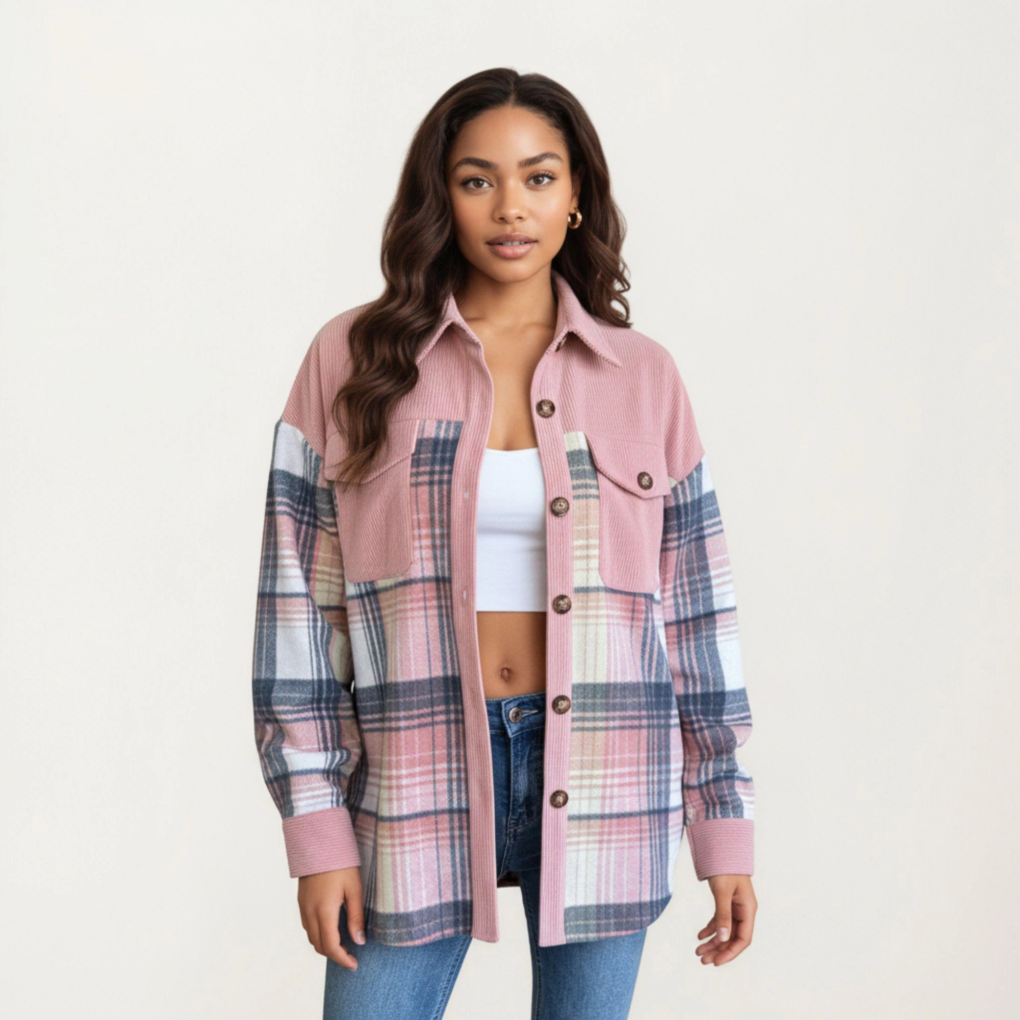 Anna-Kaci Women's Plaid Button Front Shirt Jacket with Soft Corduroy Contrast Long Sleeves Chest Pocket Detail
