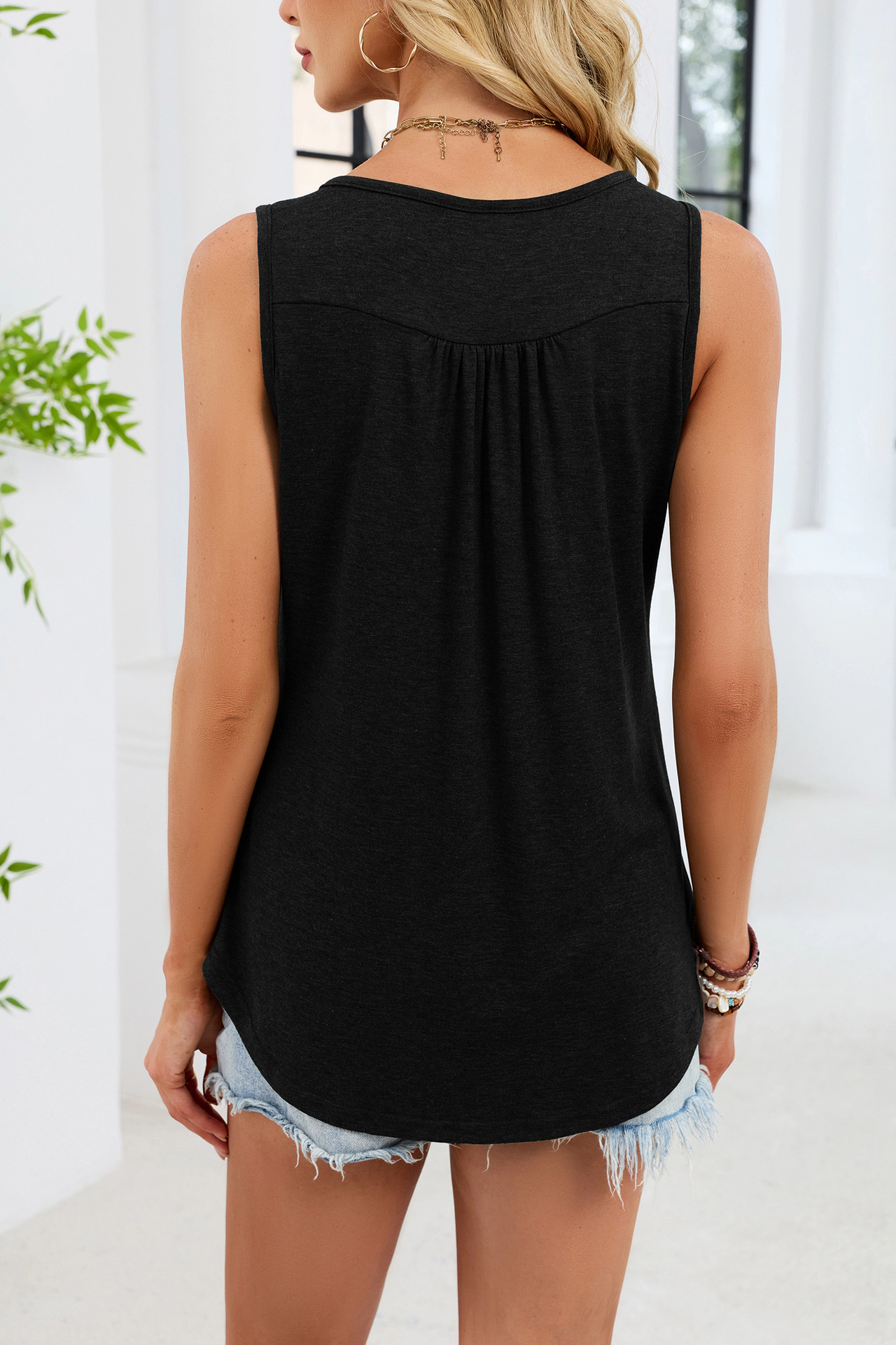 Enchanted Funland Womens Henley Button Sleeveless Pleated Curved Hem Tank Tops