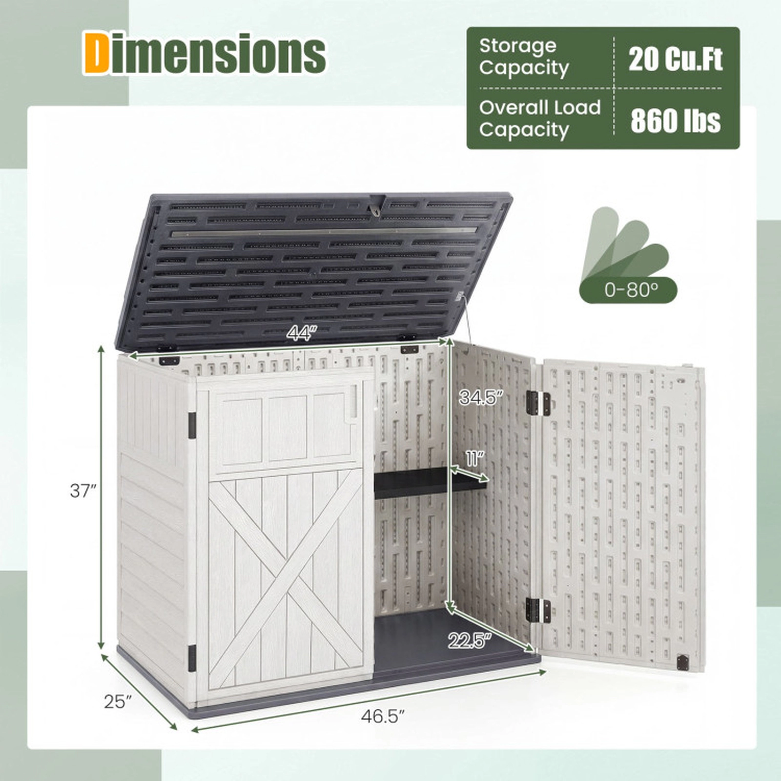 SUGIFT 20-Cu-Ft Lockable 3-Door Resin Horizontal Outdoor Storage Shed 46.5-in x 25-in x 37-in 860-lb Capacity White
