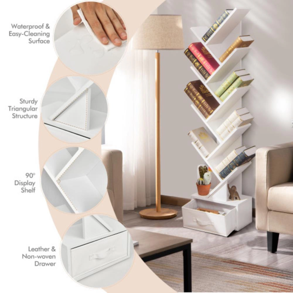 Hivvago 10-Tier Bookshelf with Drawer Free-standing Storage Bookcase