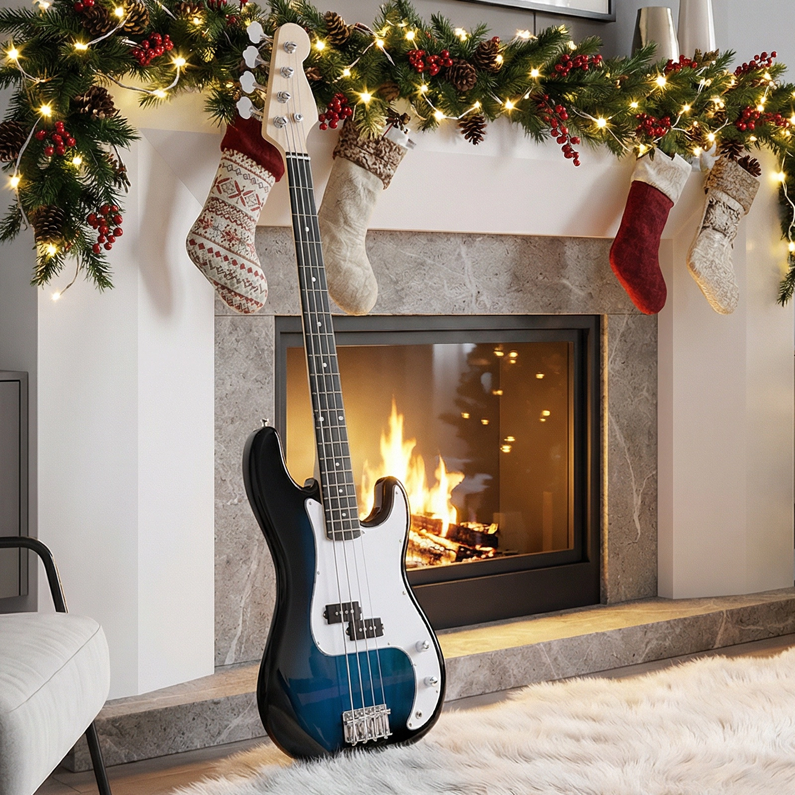 SUGIFT Blue 45.5-in Electric Bass Guitar with Double Pickups Chrome-Plated Pegs Gig Bag and Truss Rod