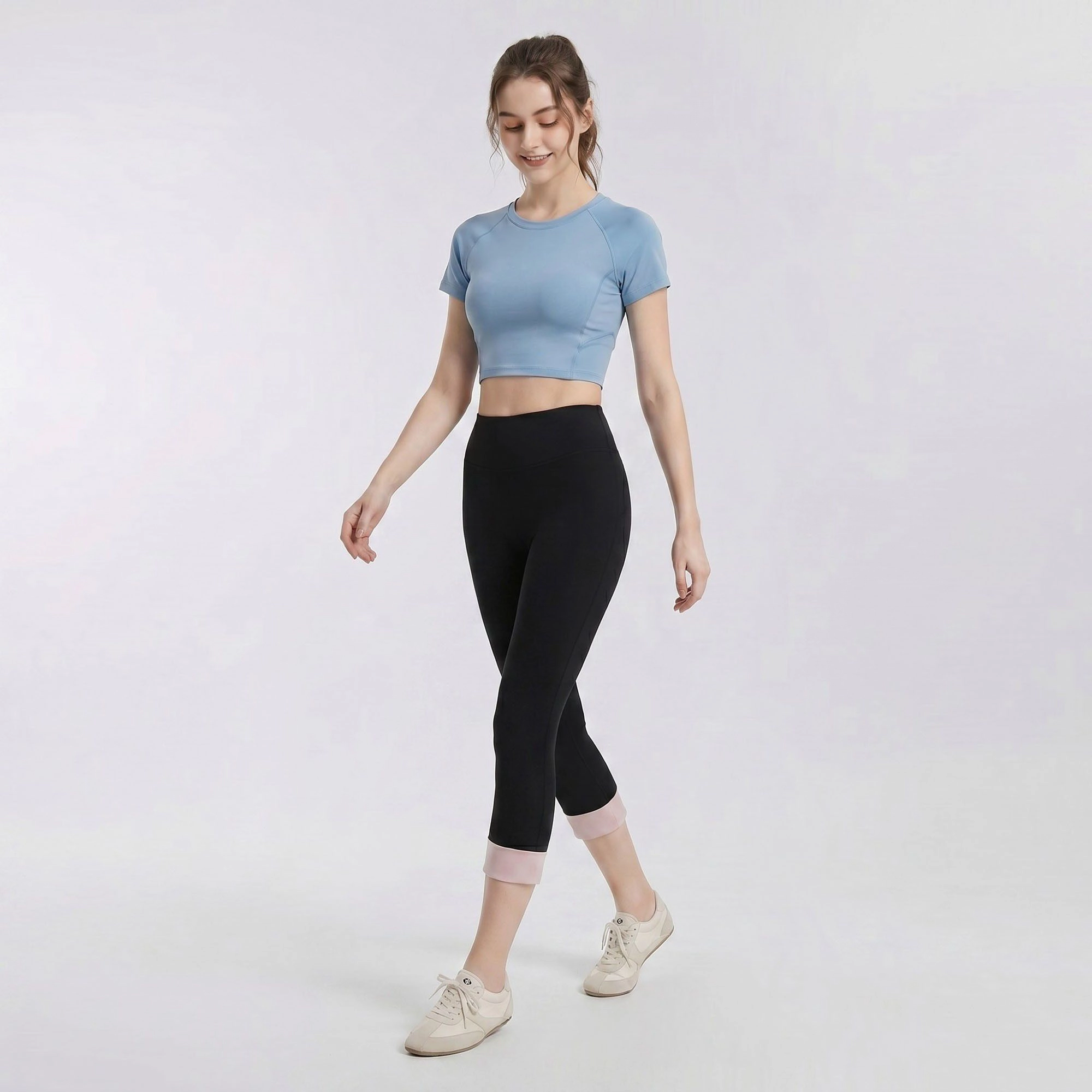 Anna-Kaci Women's High-Waist Capri Leggings with Folded Cuff Hem Wide Waistband Smooth Stretch Yoga Pants