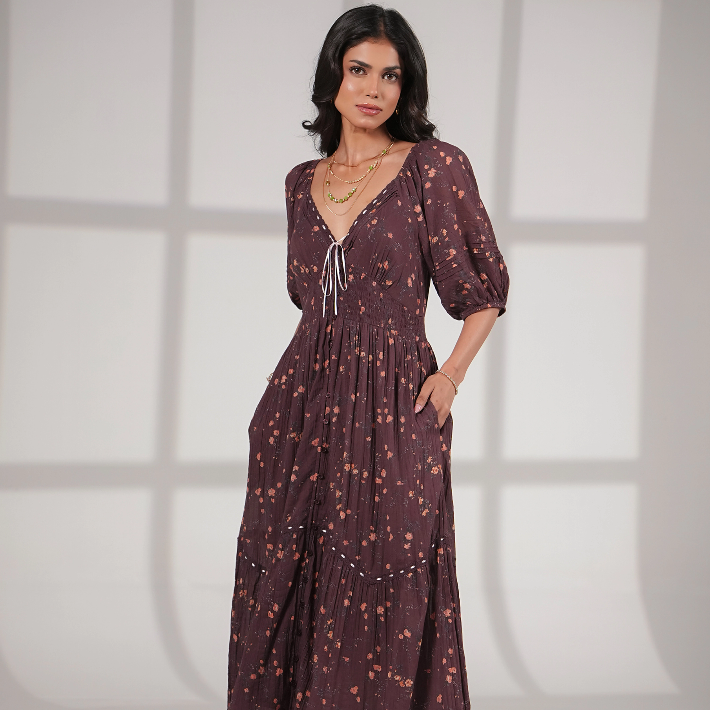 Rose & Nancy Women's Eloise Burgundy Floral Cotton Crinkle Midi Dress