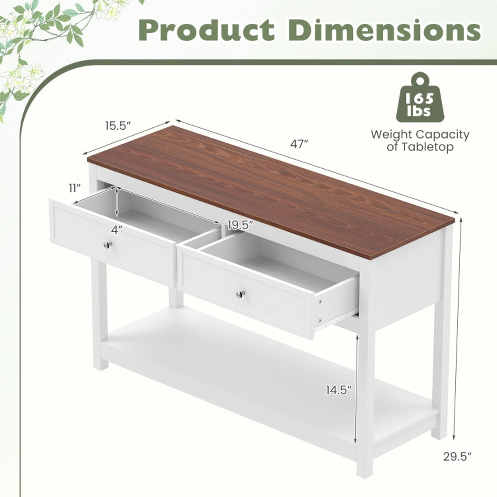 SUGIFT 2 Drawers Open Shelf Brown Wood Grain Top Console Table 47-in x 15.5-in x 29.5-in 165-lb Capacity White