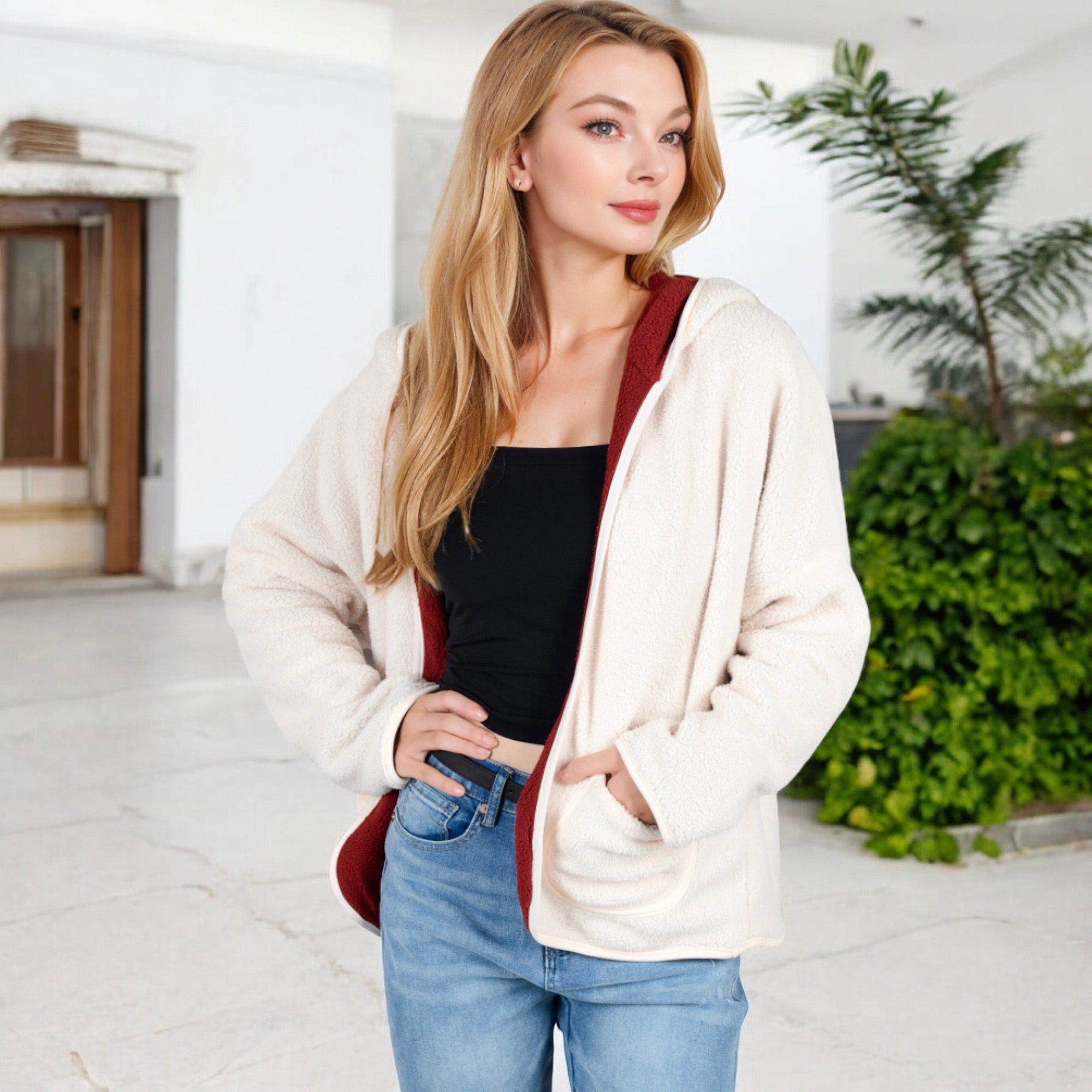 Anna-Kaci Women's Textured Two Tone Lined Hooded Jacket with Front Pockets