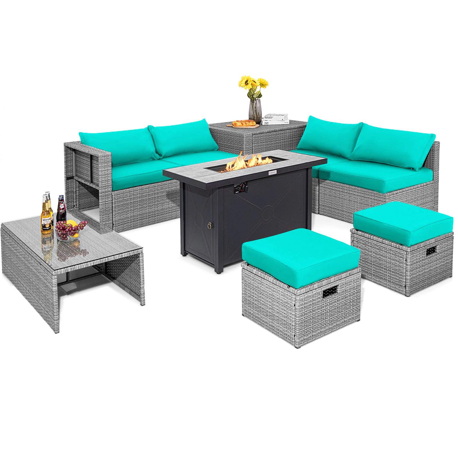 SUGIFT 42 in 60000 BTU Fire Pit Table and Storage Box 9-Piece Patio Rattan Sectional Set