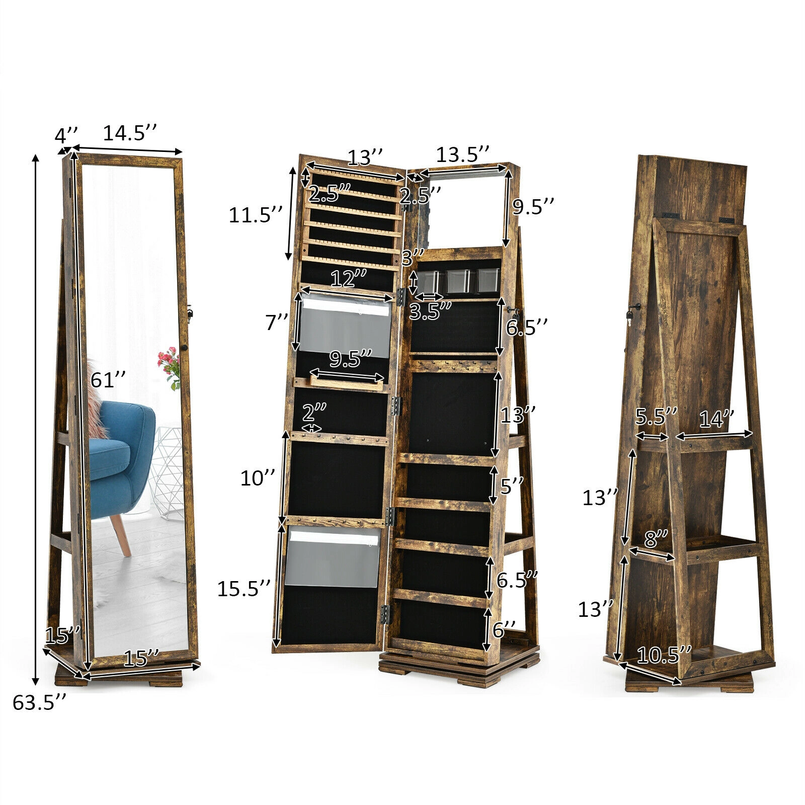 SUGIFT 360° Rotatable 2-in-1 Lockable Jewelry Cabinet with Full-Length Mirror 63.5-in Tall Rustic Brown