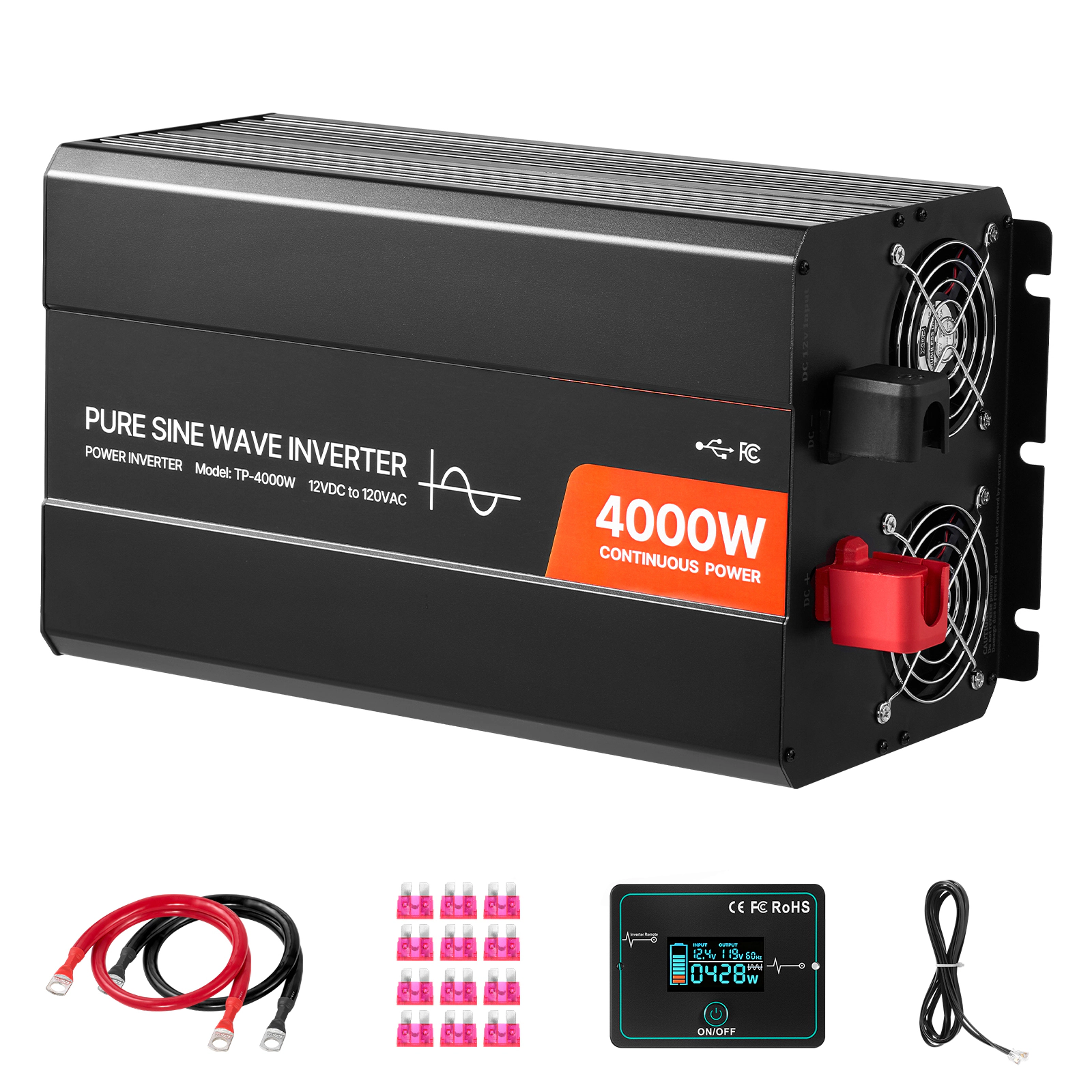 HONGGE Power Inverter, 12V DC to 120V AC Pure Sine Wave Inverter, Car Charger Converter with Remote Control