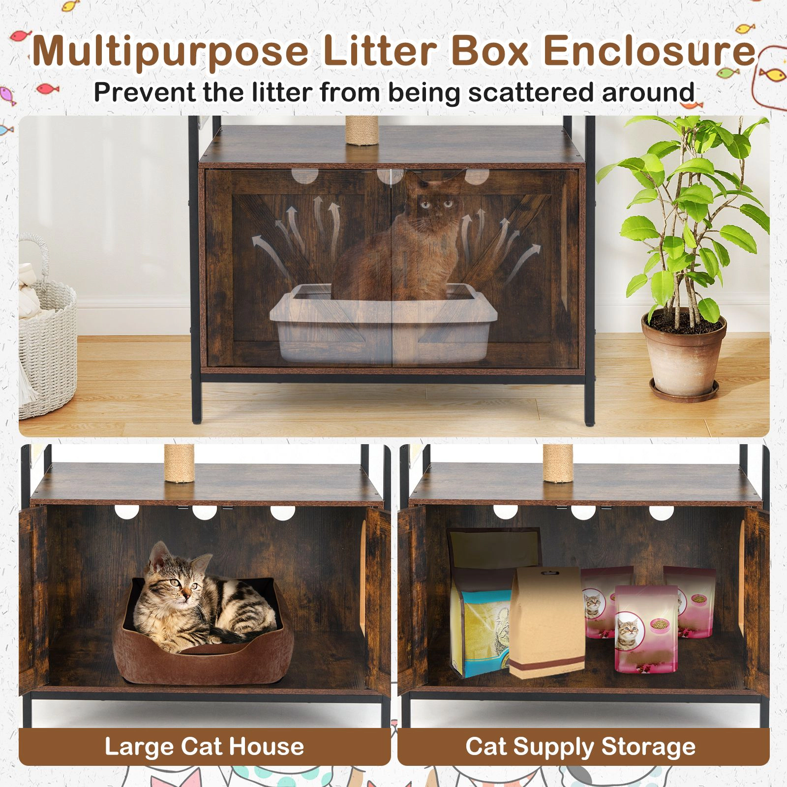 SlickBlue Cat Tree with Litter Box Enclosure, Condo and Scratch Pad