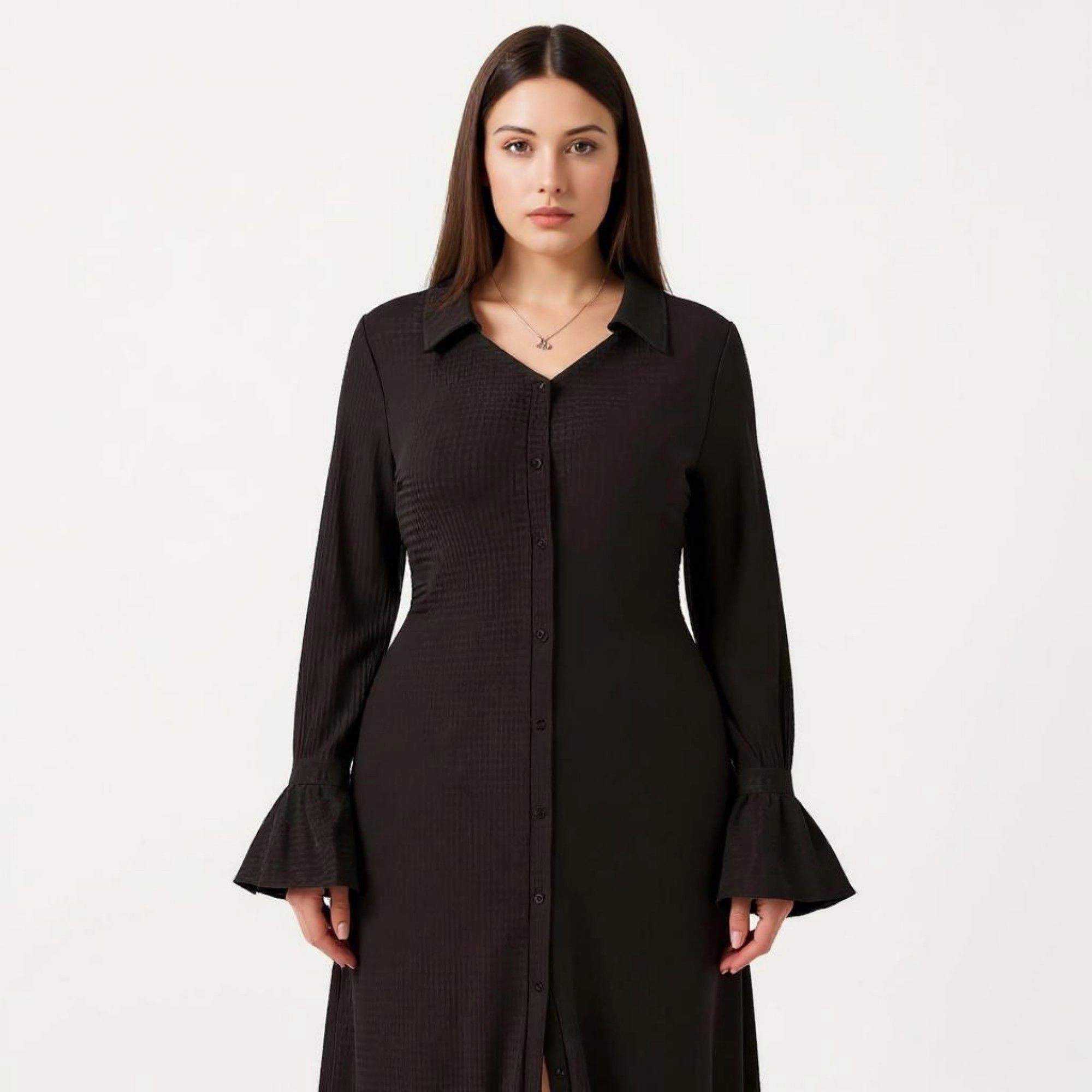 Anna-Kaci Women's Long Sleeve Button Down Collar Neck Flare Detail Front Slit Relaxed Fit Maxi Dress