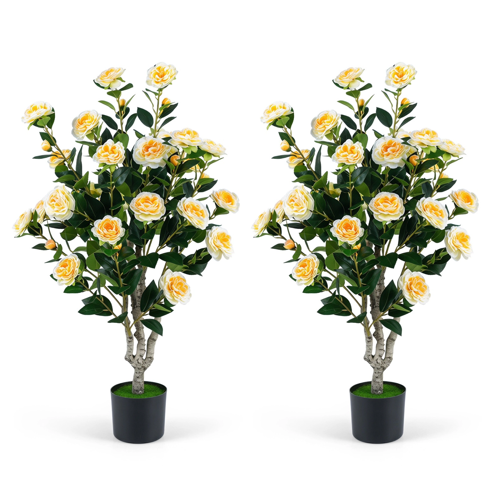 SUGIFT Set of 2 39.5-in Artificial Camellia Trees with Vivid Orange Blossoms and Cement-Filled Pots