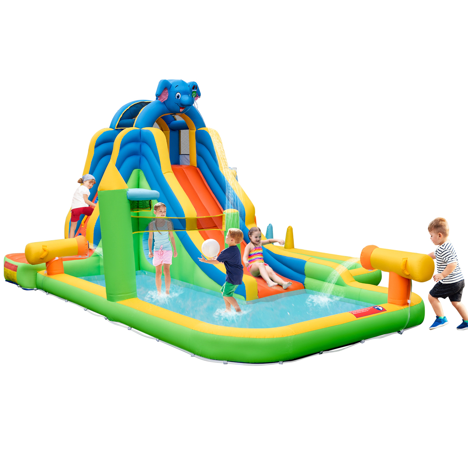 SUGIFT Inflatable Water Slide with 140-in Splash Pool Ball Pit Climbing Wall and Volleyball Area