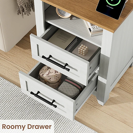 BebreezChic Farmhouse Nightstand with Charging Station, 2-Drawer ...