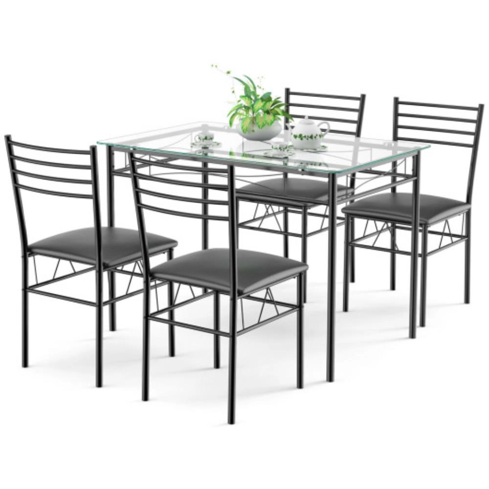 Hivvago 5 Pieces Dining Set With Tempered Glass Top Table And 4 Upholstered Chairs