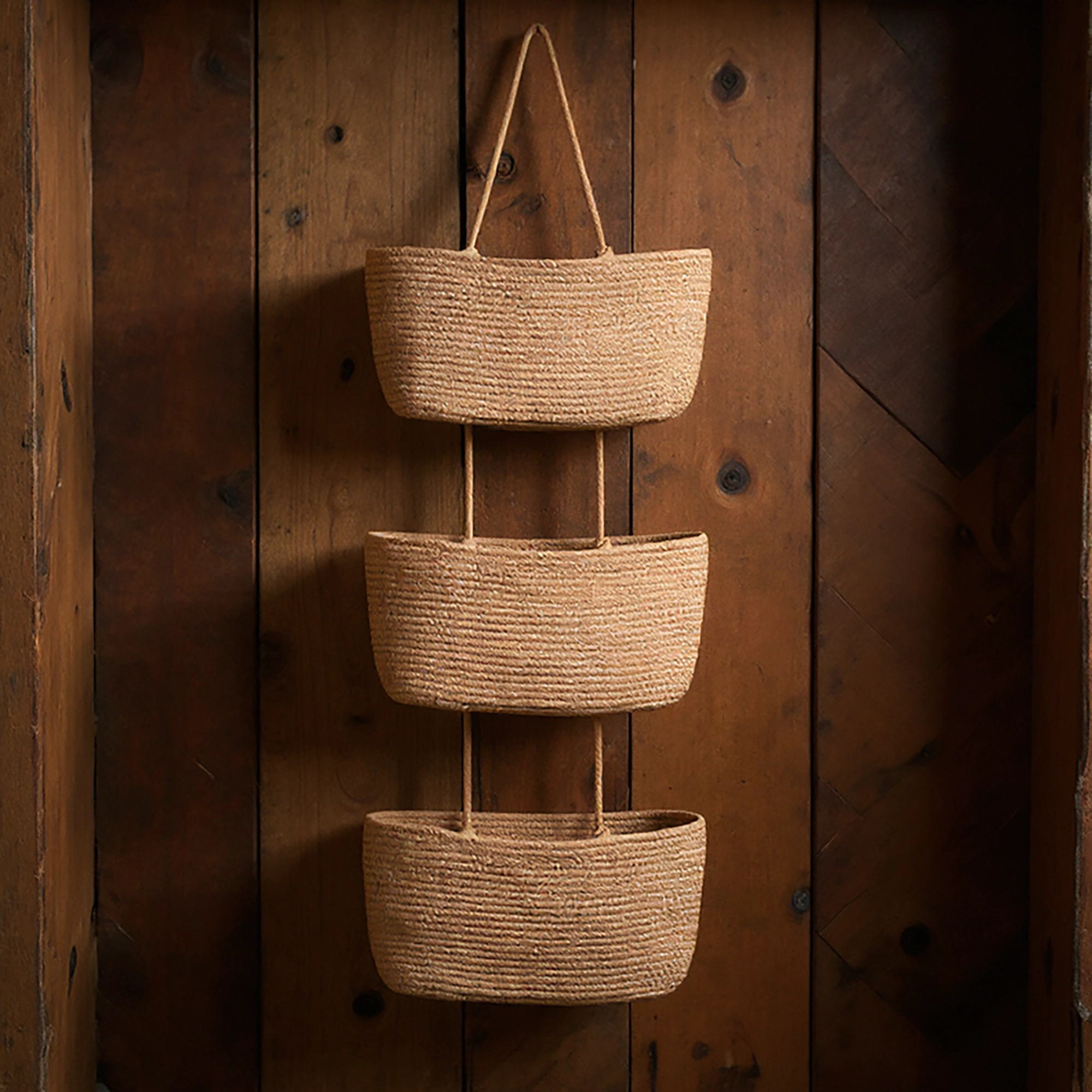 Alilang Women 3-Tier Hanging Rope Basket Organizer with Braided Design and Loop Handle 17.5in (5.5x2.8in)