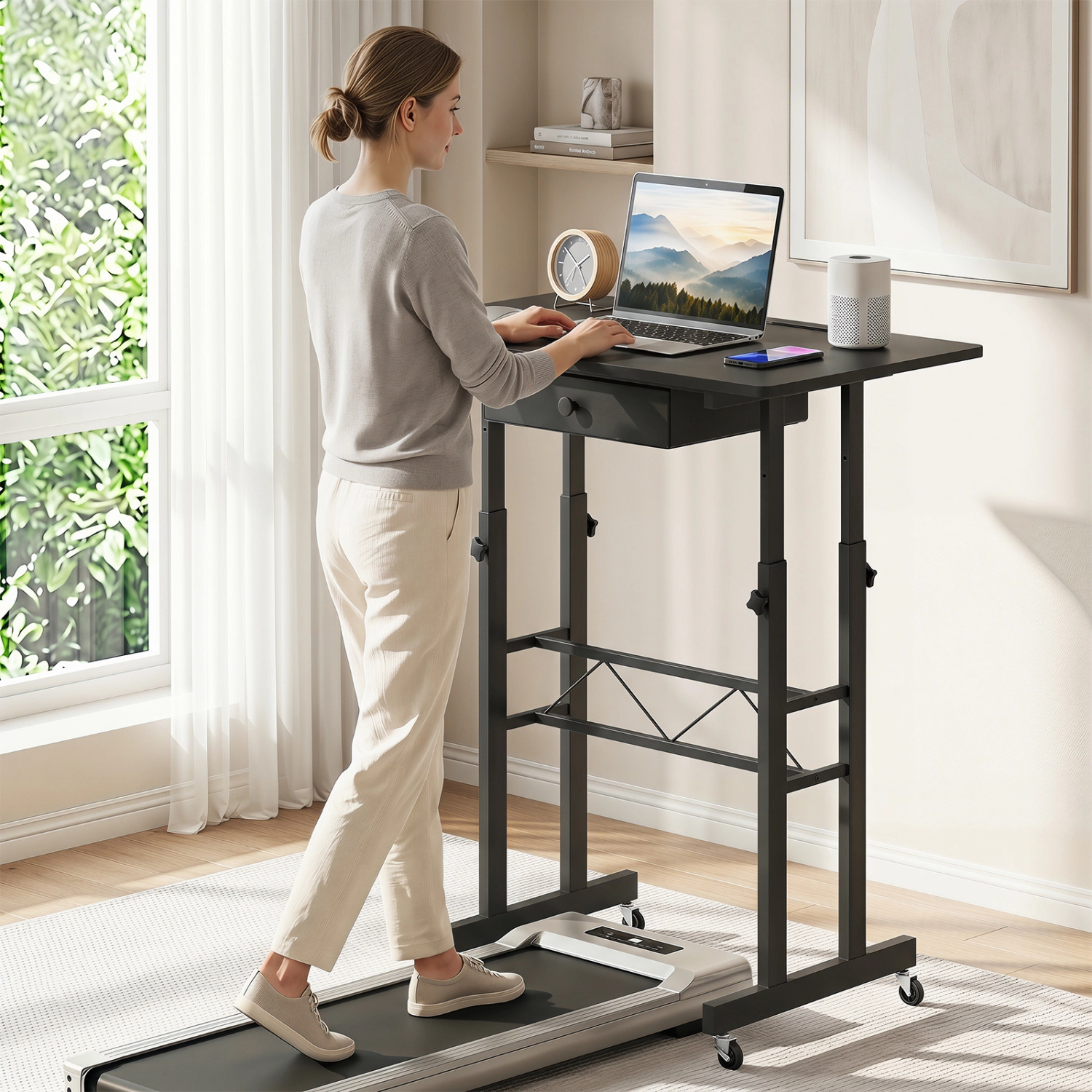 LJG Height Adjustable Laptop Desk with Fabric Drawer Tablet Holder and Lockable Wheels