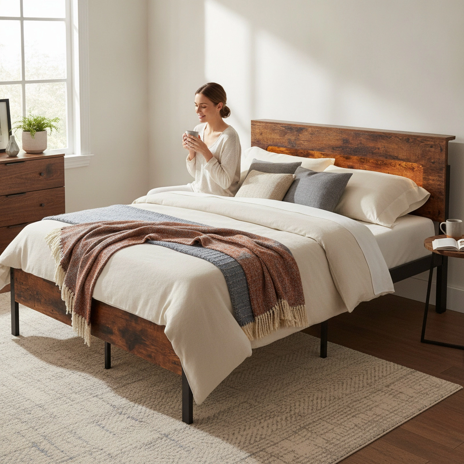 SUGIFT Full Platform Bed Frame with LED Storage Headboard, Full Size, Rustic Brown and Black
