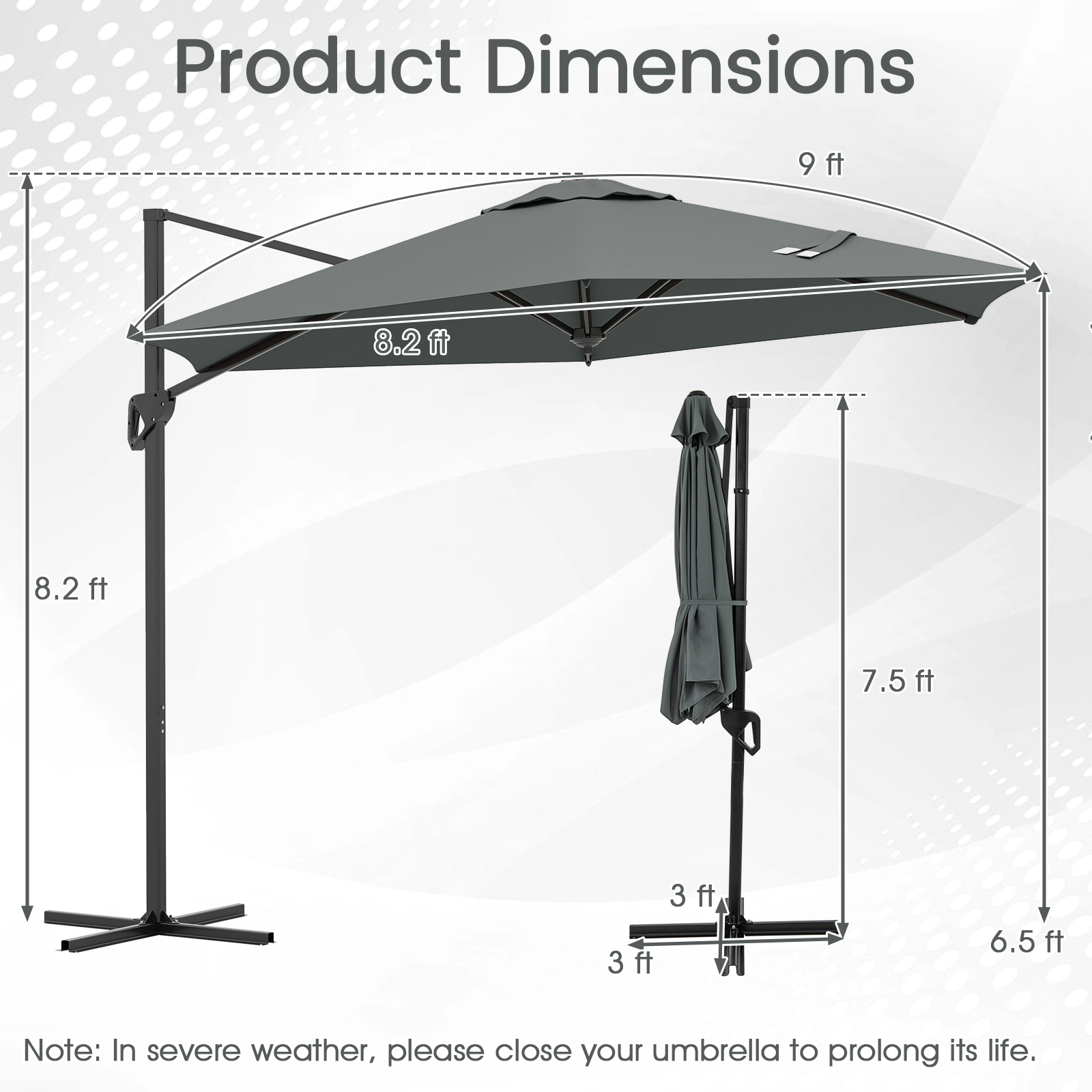 SUGIFT 9-ft Gray Offset Cantilever Hanging Patio Umbrella with Vented Top and Reinforced Rib Pockets