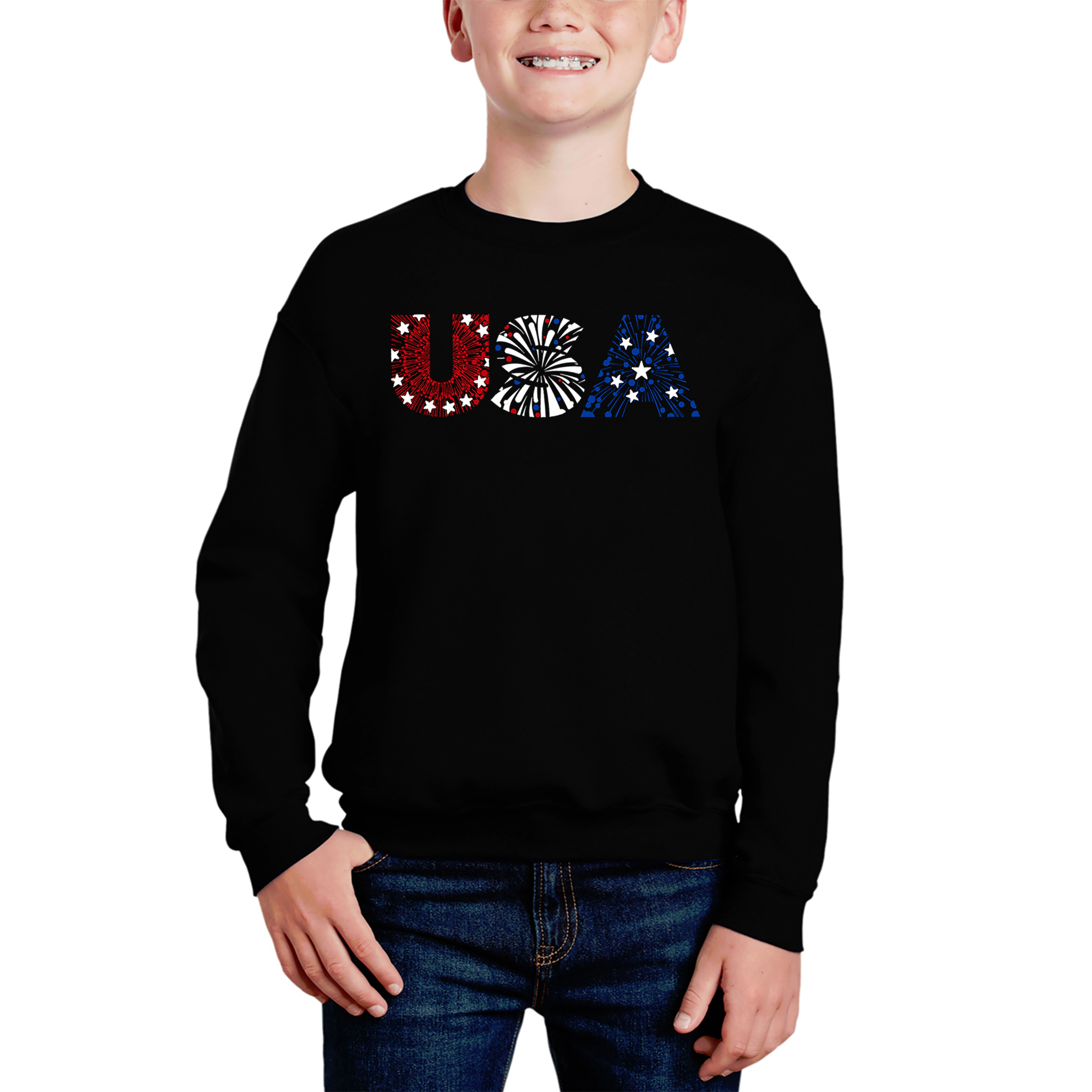 LA Pop Art Boy's Word Sweatshirt - Usa Fireworks