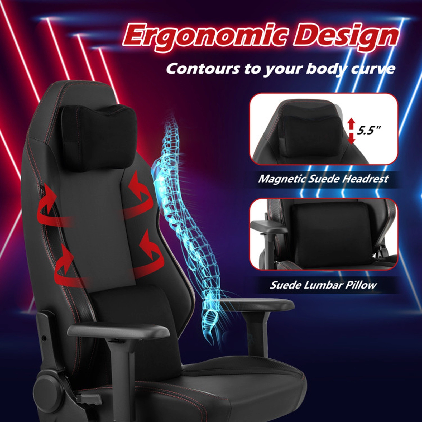 SUGIFT Black Ergonomic Reclining Gaming Office Chair with Magnetic Headrest