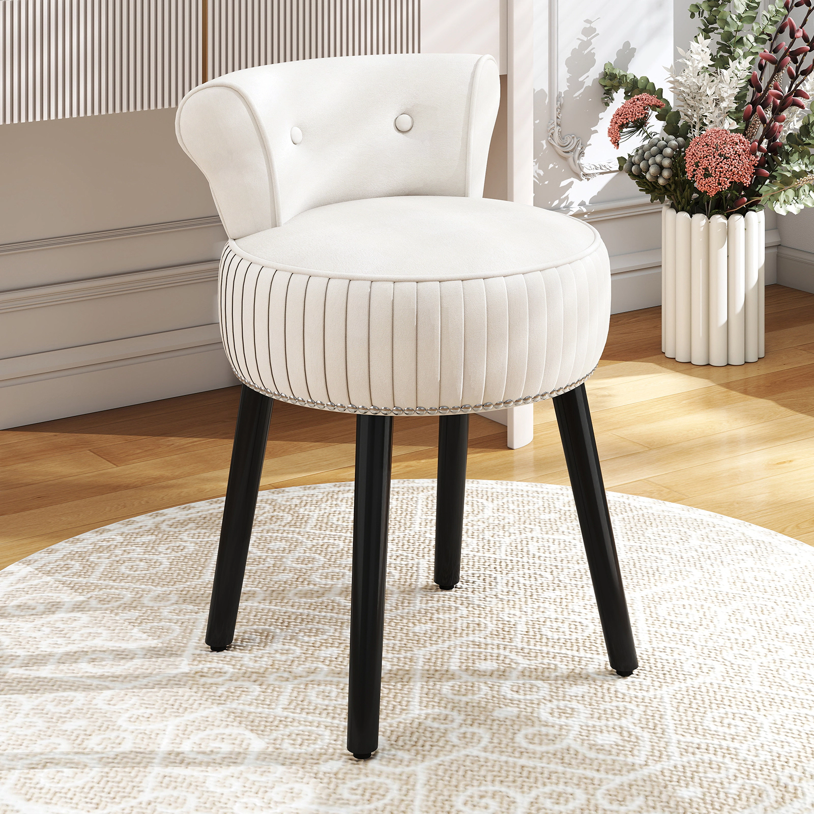 SUGIFT Velvet Upholstered Vanity Chair with Tufted Low Back & Solid Wood Legs 234-lb Capacity 19-in Seat Pink Gray Beige