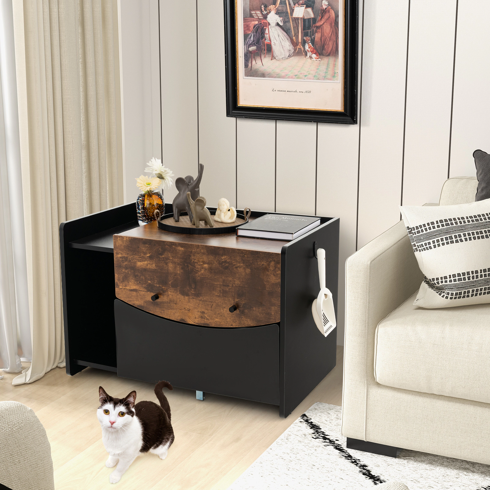 SUGIFT Black Cat Litter Box Enclosure with Pull-Out Drawer and Flip Door 31-in W 20-in D 21-in H 44-lb Per Layer