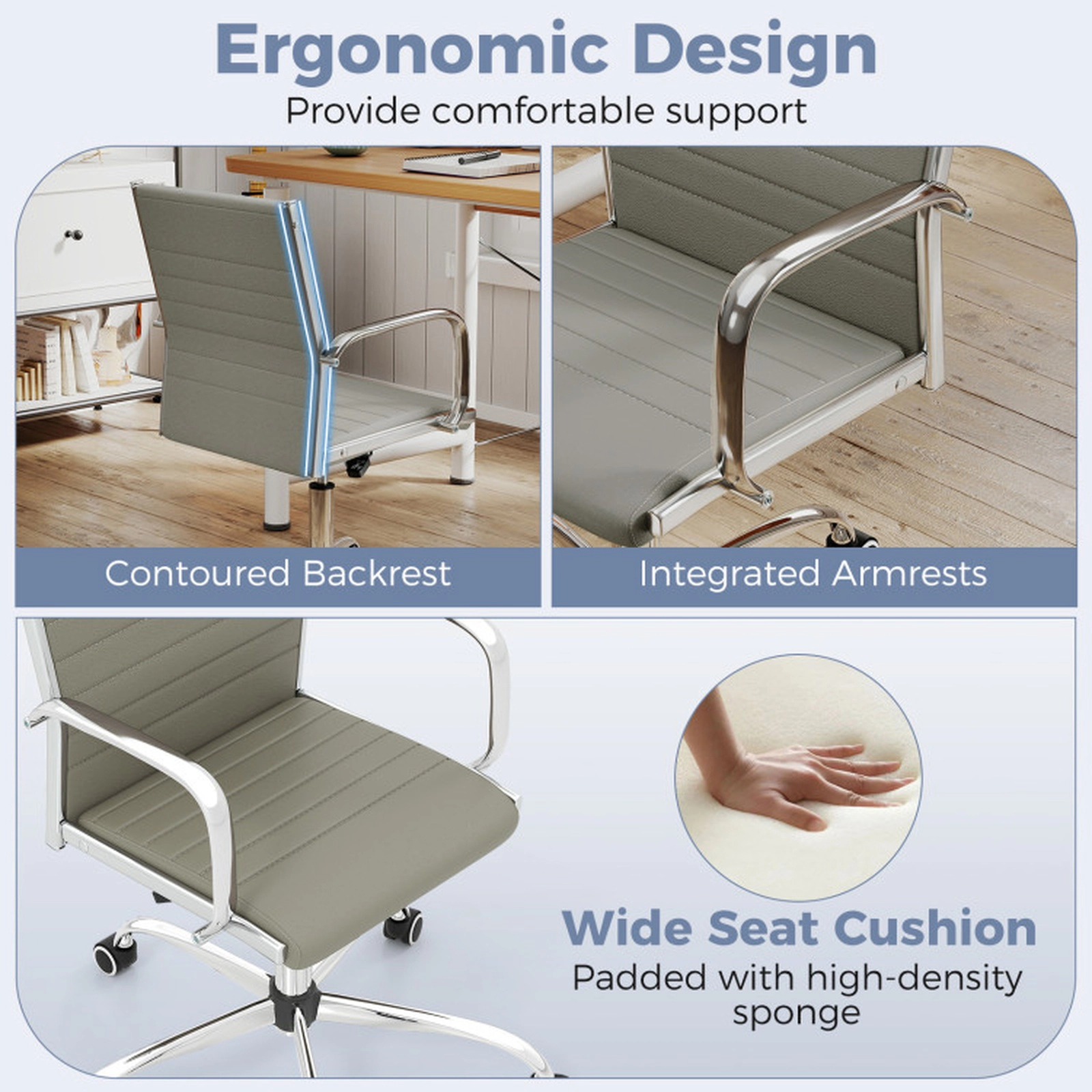 SUGIFT 330-lb Capacity Grey Ribbed PU Leather Rolling Desk Chair with S-Shaped Backrest and Rocking Function