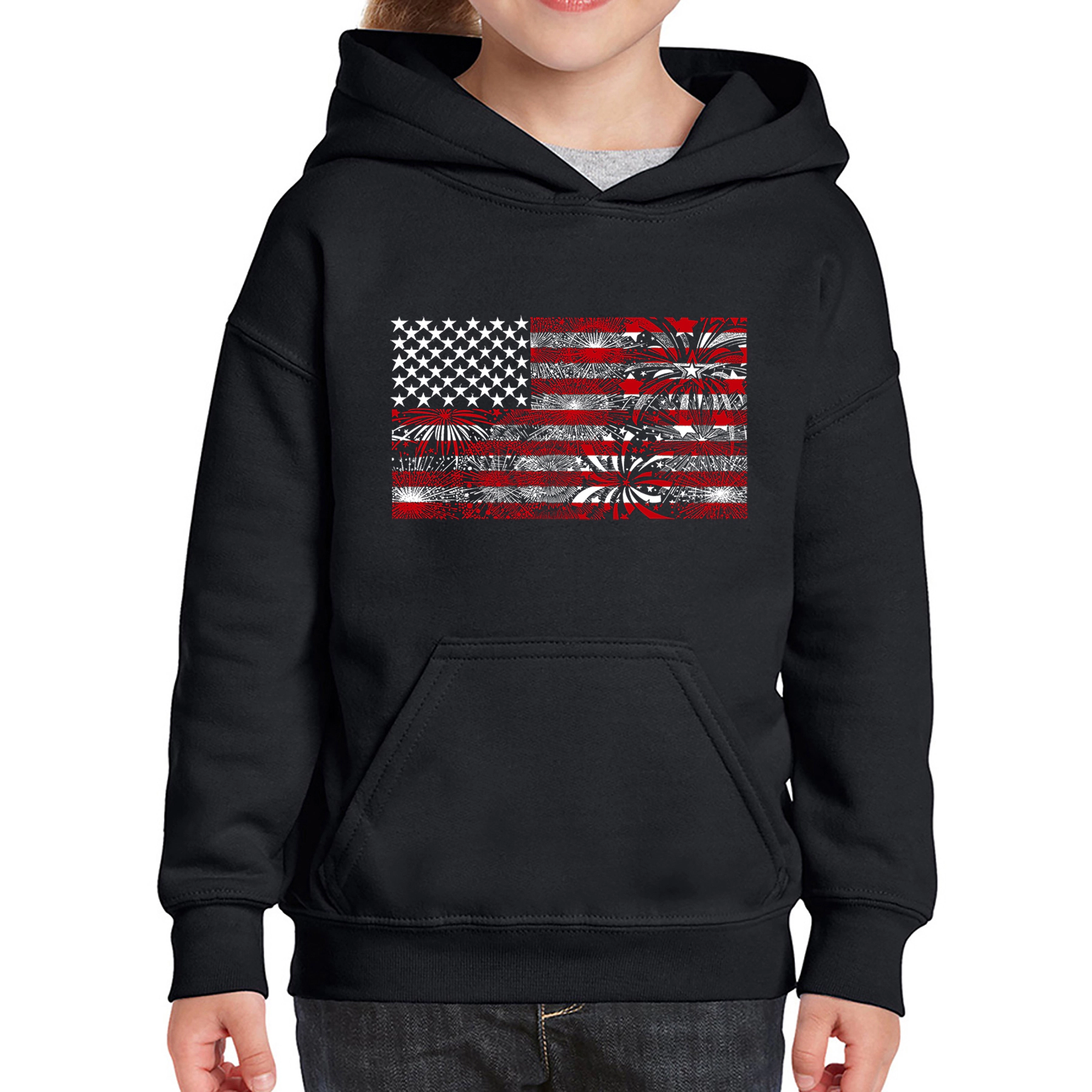 LA Pop Art Girl's Word Hooded Sweatshirt - Fireworks American Flag