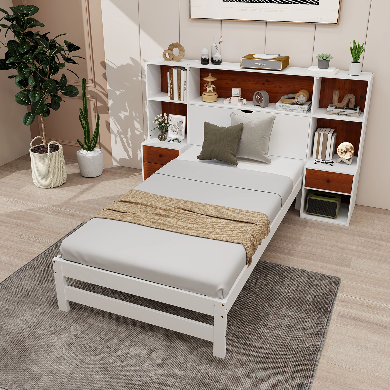 SUGIFT Twin Bed Frame with Storage Headboard and 2 Built-In Nightstands, White and Brown