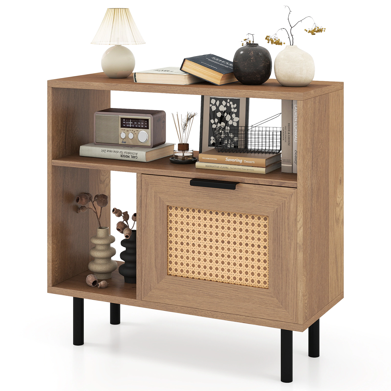 Glintex Narrow PE Rattan Side Table with Enclosed Cabinet and Soft-Close Hinges, Natural