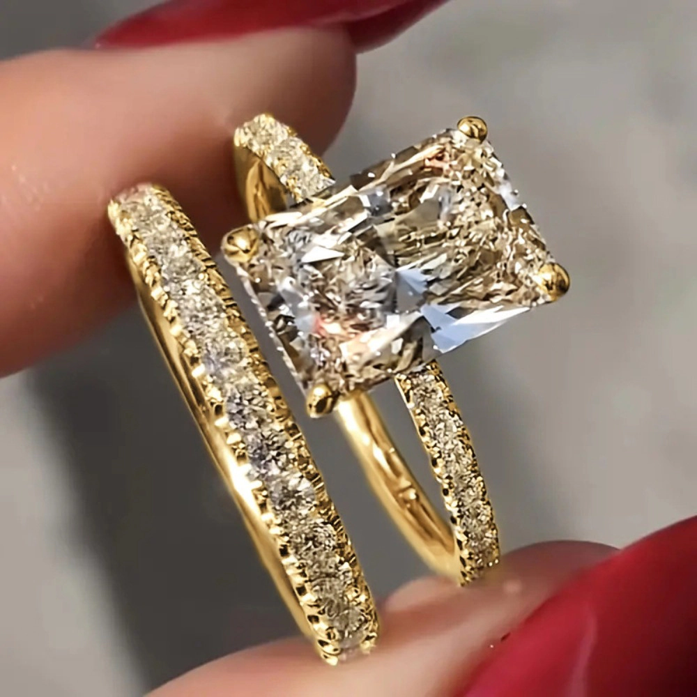 Wardrobe Whimsy Radiant Cut Cubic Zirconia Two Piece Wedding Ring Set for Women