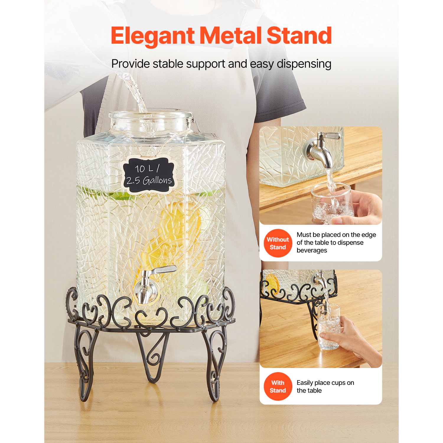 HONGGE Beverage Dispenser Drink Dispensers for Parties Glass Juice Dispenser with Metal Stand Stainless Steel Spigot