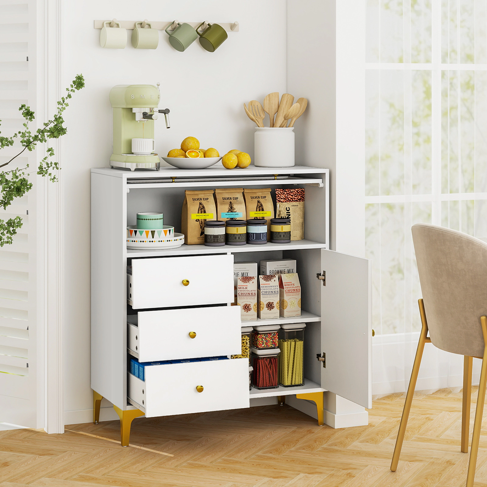 SlickBlue Accent Storage Cabinet with Drawers and Glass Door, Gray Organizer for Living Room Bedroom