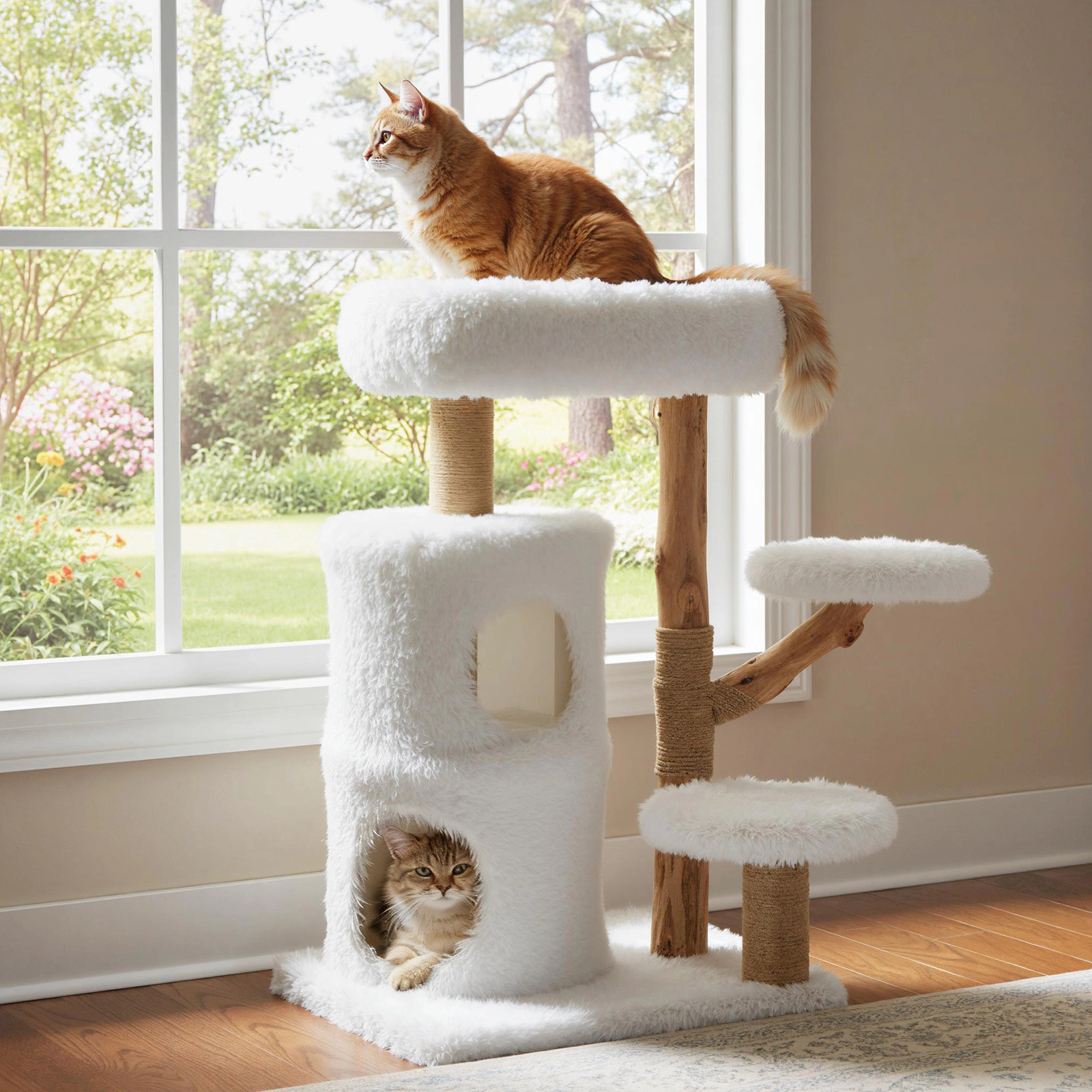 SUGIFT Modern 30.5-in Cat Tree Tower with Pear Wood Branches and Condos 33-lb Capacity White+Natural