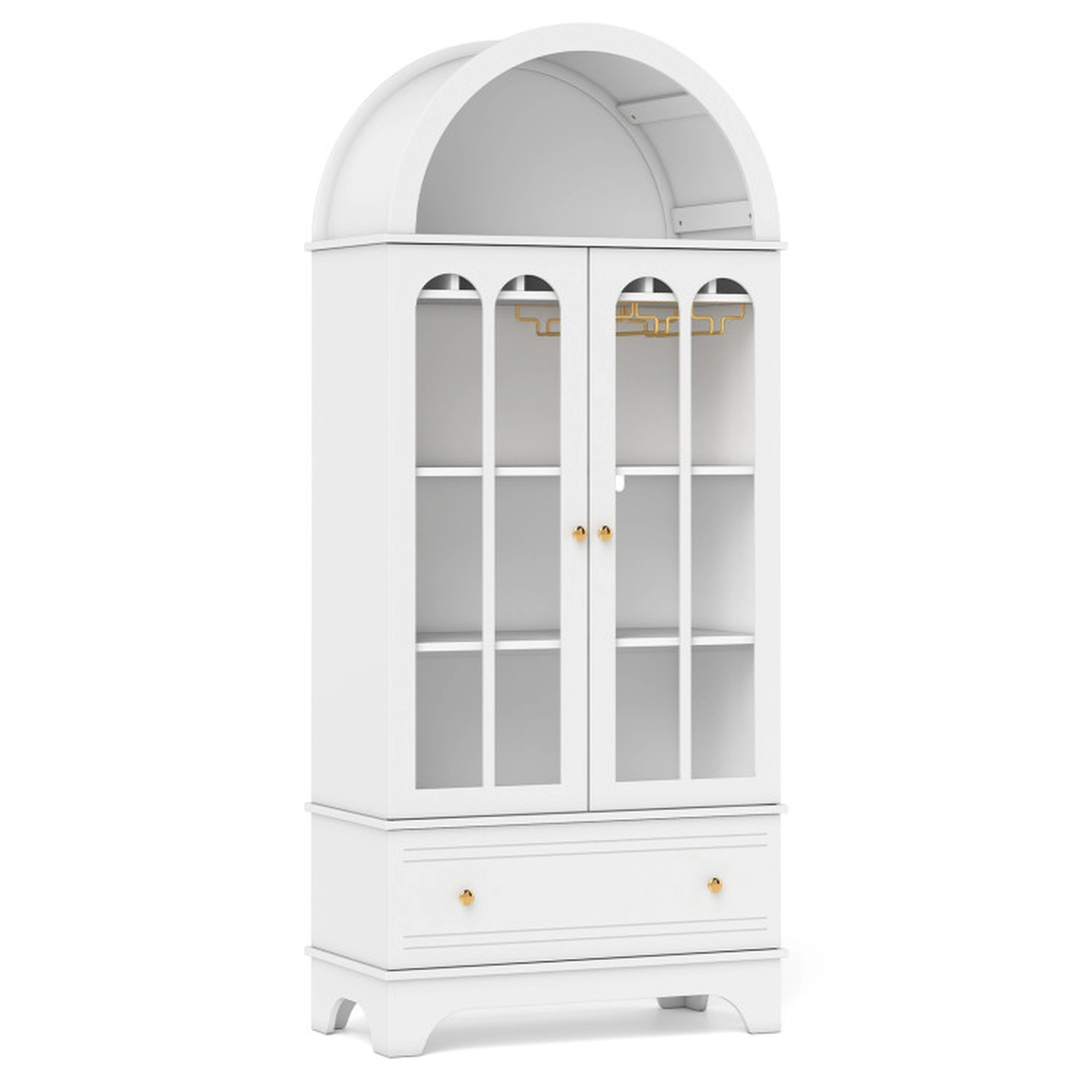 SUGIFT 5-Tier Arched Glass Doors 6-Bottle Rack 9 Stemware Holders Wine Cabinet 30.5-in x 16-in x 71.5-in White