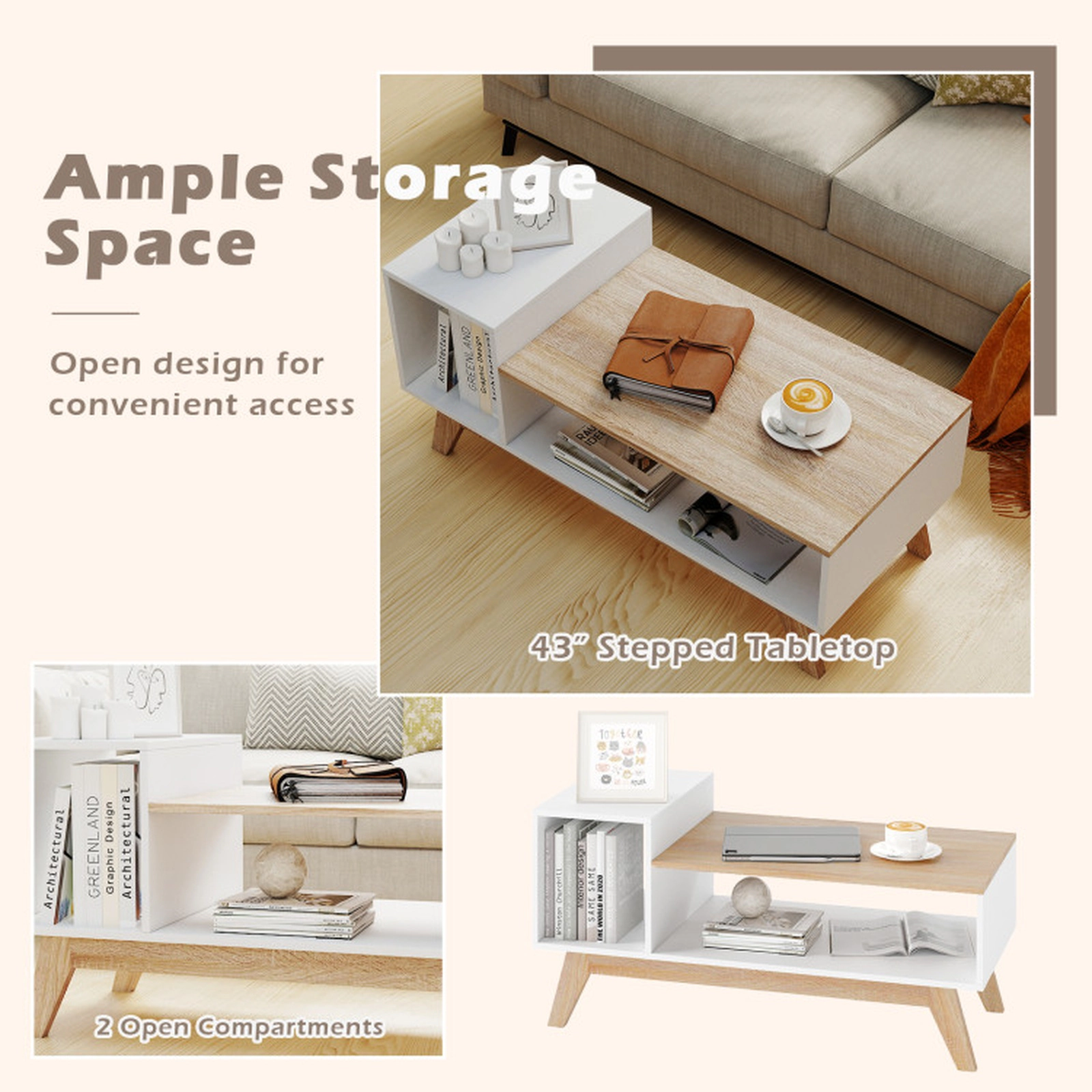 SUGIFT 43-in 100-lb Capacity White Color-Block Coffee Table with Stepped Tabletop and 2 Open Compartments