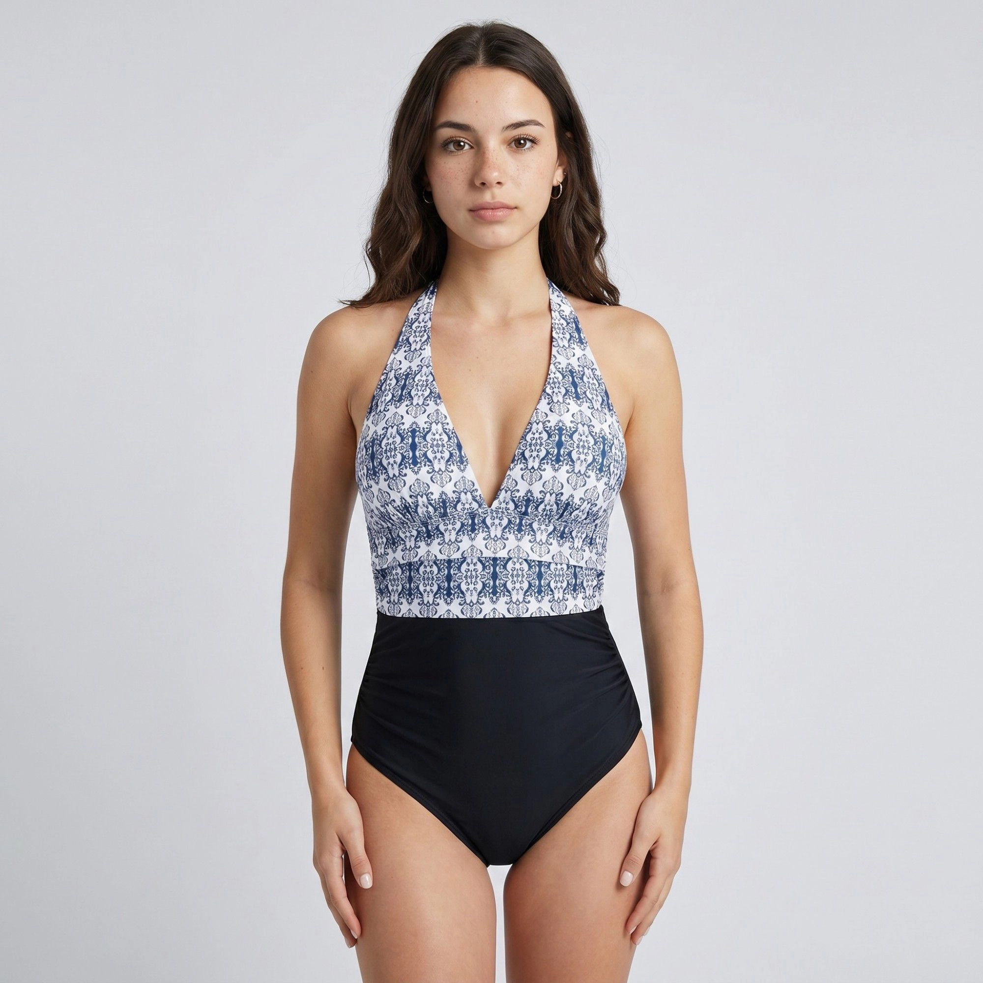 Anna-Kaci Women Printed Halter One Piece Swimsuit - Deep V-Neck, Contrast Waist Panel, Classic Leg