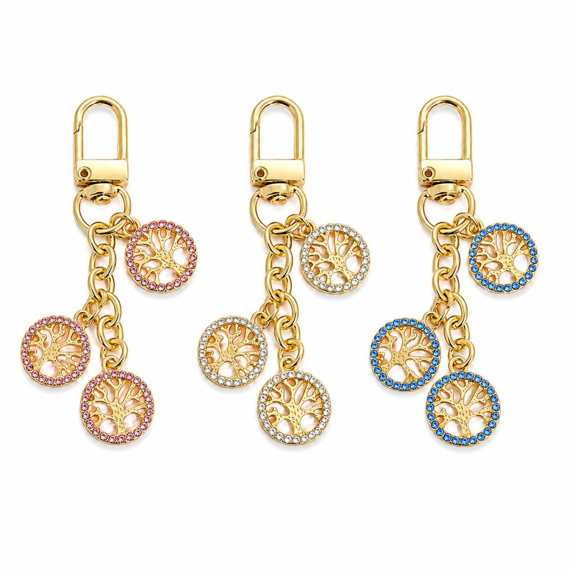 Alilang Women's 3pc Tree Medallion Keychain Bag Charm with Rhinestone Trim Gold Tone Chain and Clip
