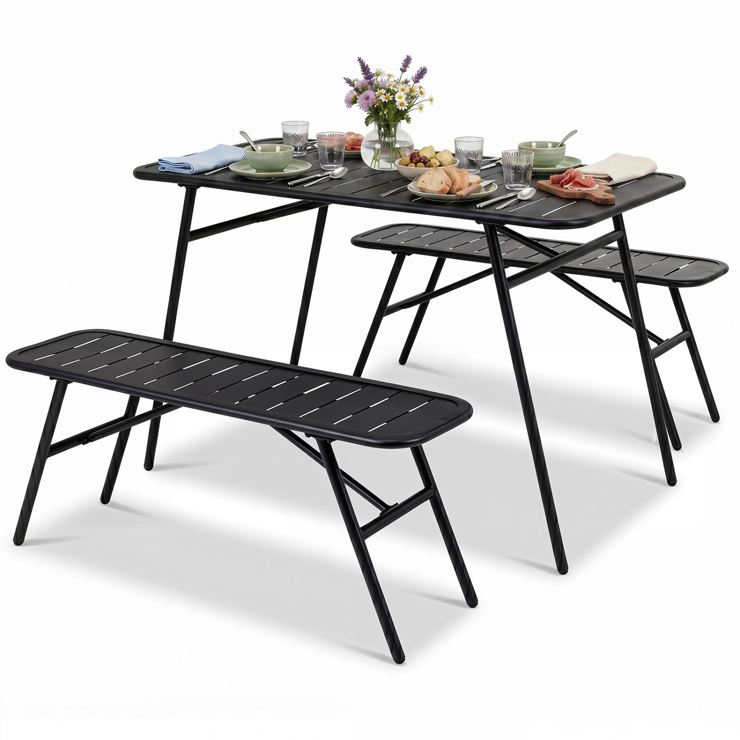 LJG 3-Piece Outdoor Dining Set with Coffee Table and 2 Benches for Backyard Deck