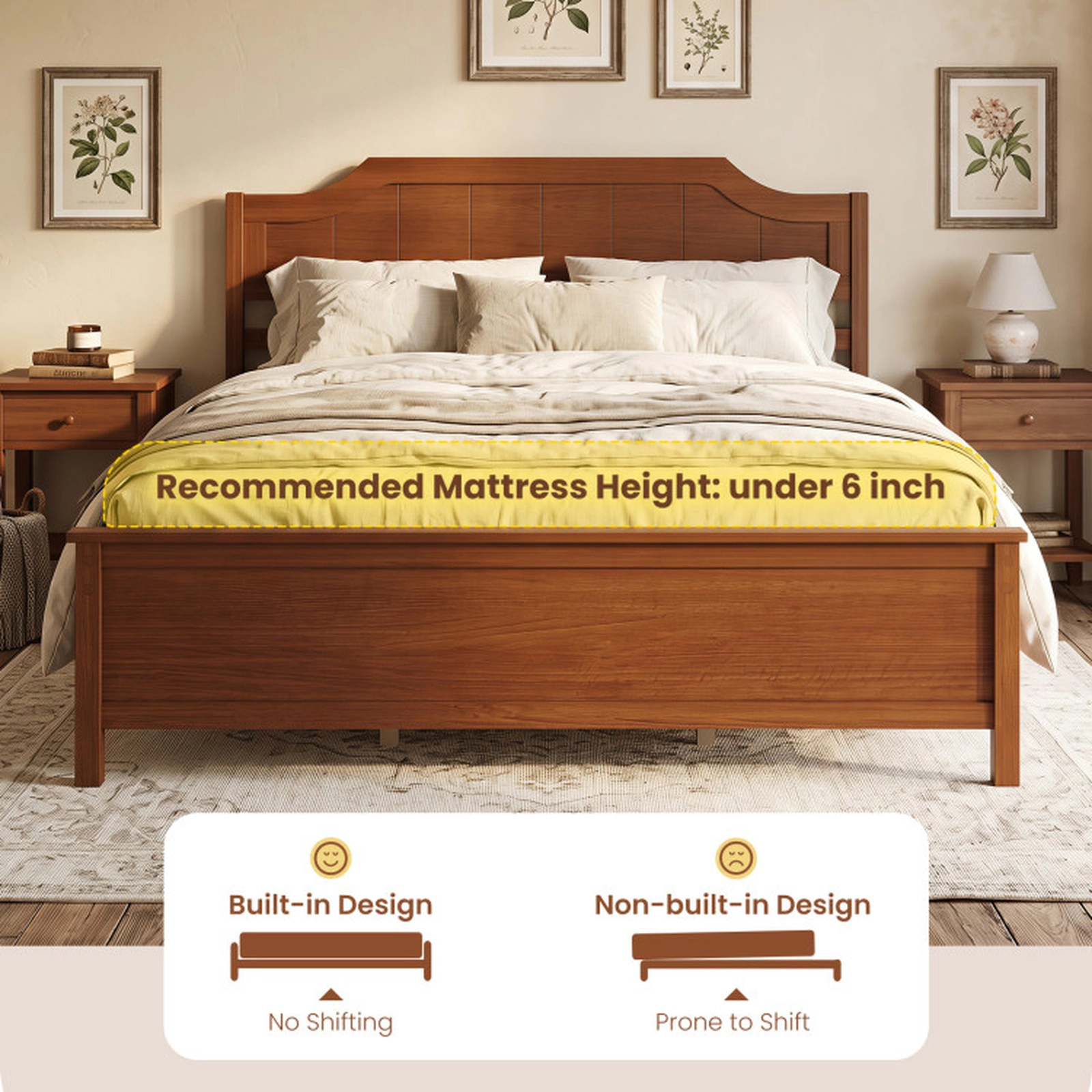 SUGIFT Queen Size 440-lb Capacity Walnut Solid Wood Platform Bed Frame with Headboard and 8 Plywood Slats