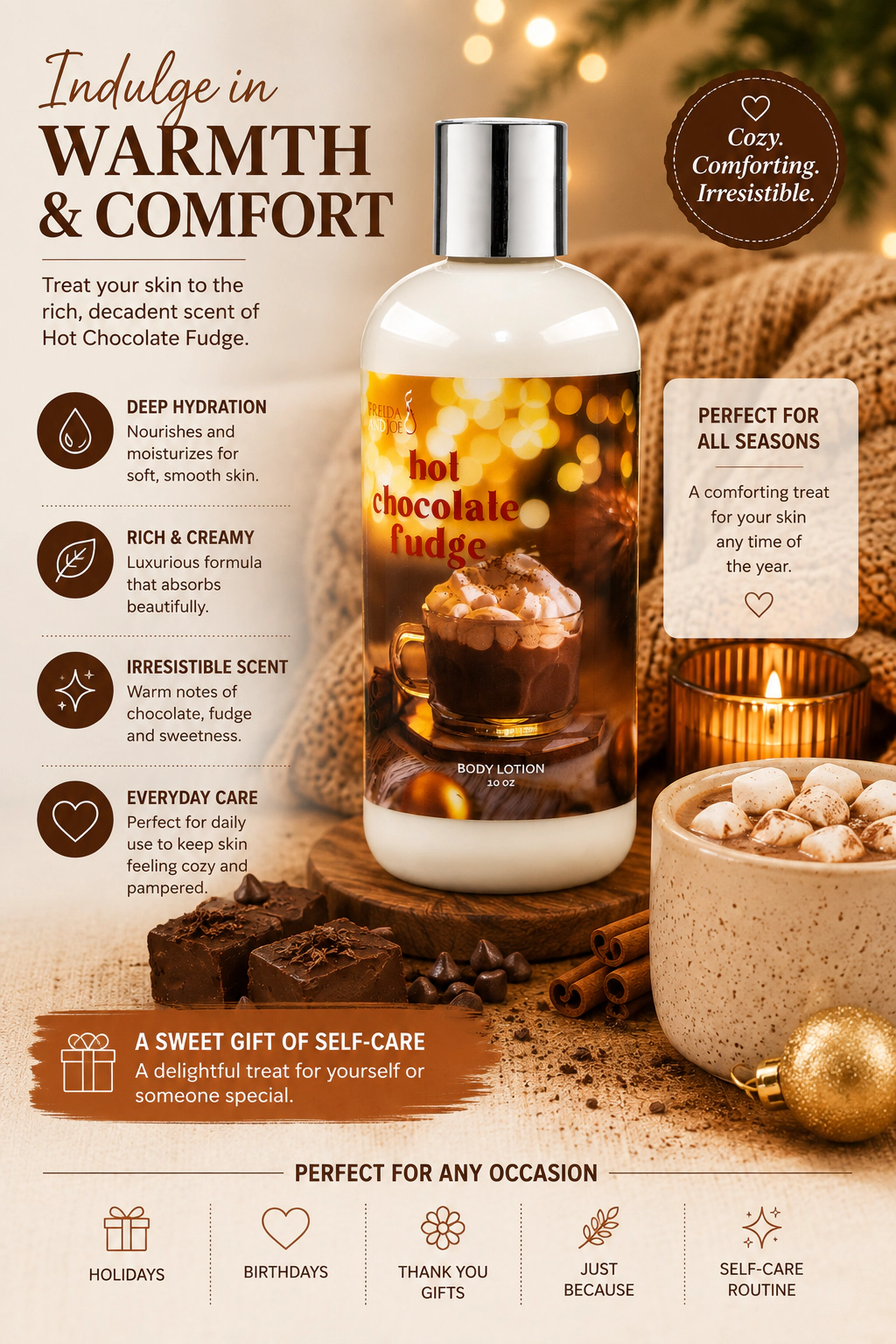 Freida and Joe Women Hot Chocolate Fudge Fragrance Body Lotion in 10oz Bottle