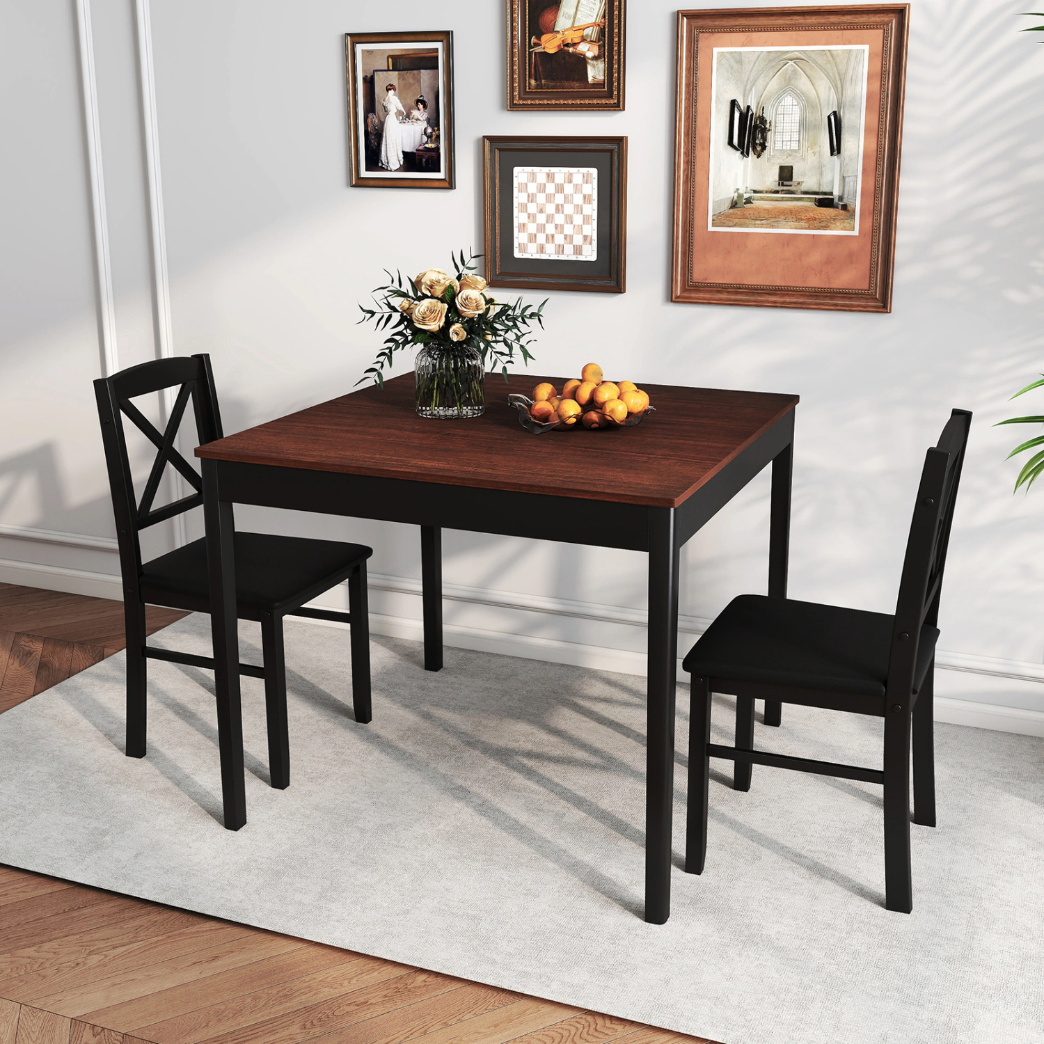 LJG 3-Piece Dining Table Set Wooden Square Kitchen for 2 People